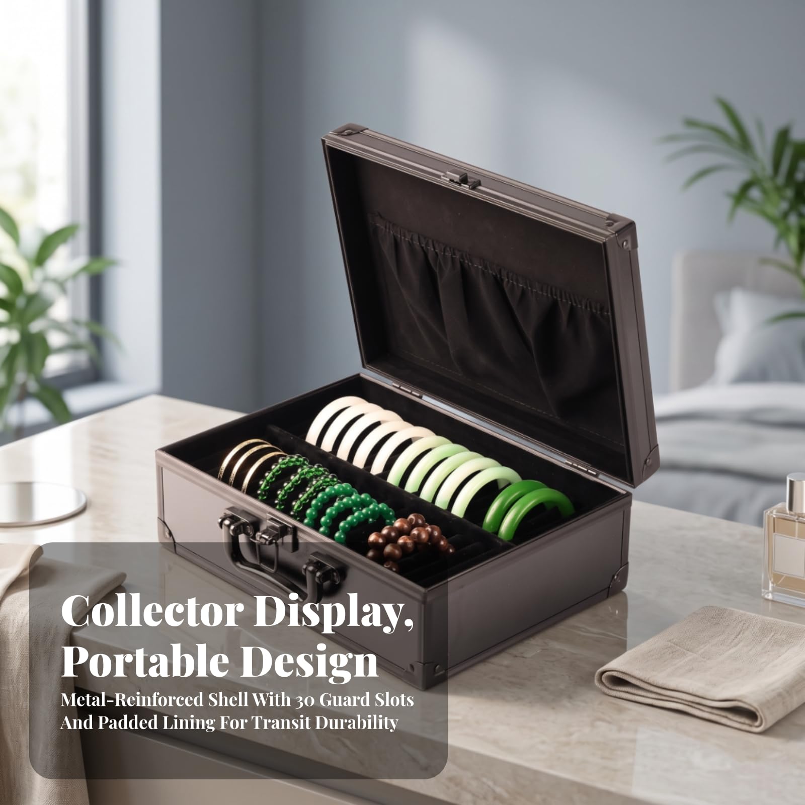 TISHITA Organizador Rejillas Portátil | Caja para Pulseras con 30 Compartimentos, Compacto, Joyero, Tocador, Negro