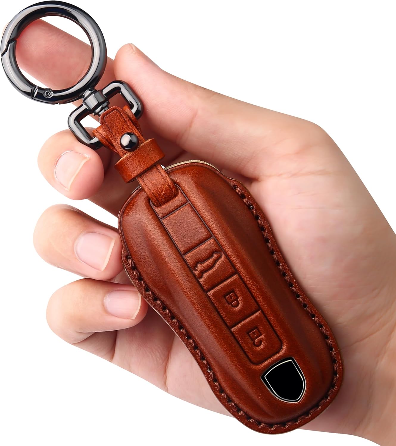 Tukellen for Porsche Leather Key Fob Cover with Keychain Key Shell Compatible with 2020-2024 Panamera, Cayenne, Macan, 918-Brown