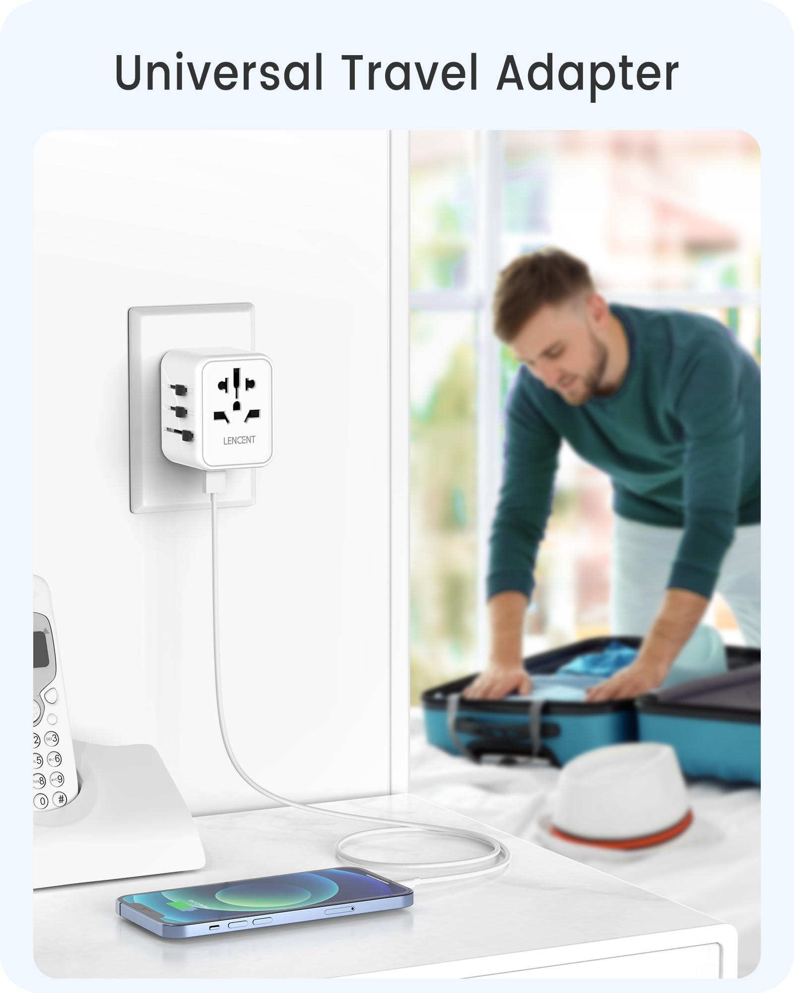 LENCENT Adattatore Spina Universale da Viaggio con 2 Porte USB Bianco per Europa/USA/UK/AUS
