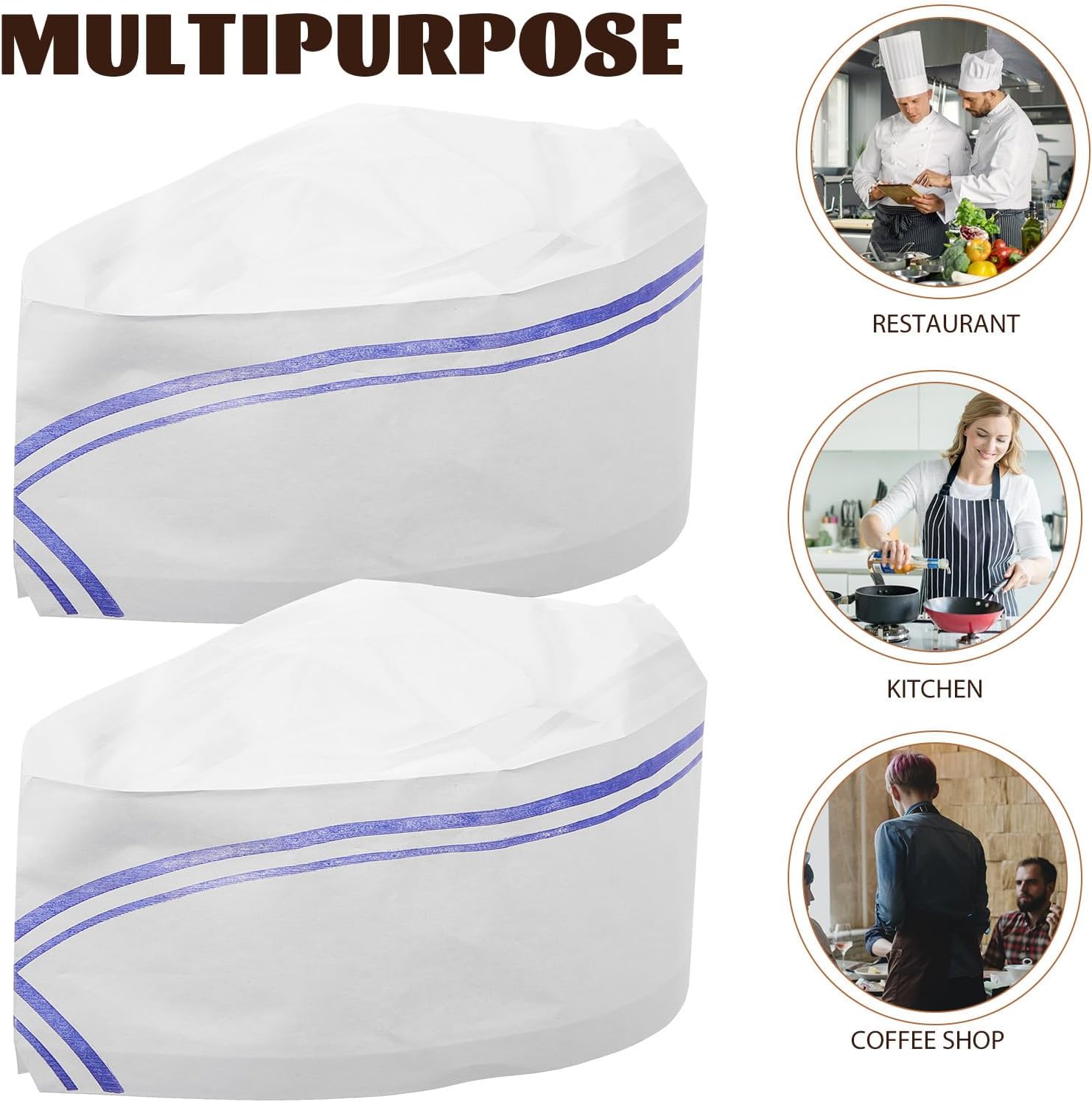 Amosfun 40pcs Disposable Chef Hats Thickened Paper Cooking Hats Blue Edge Breathable Kitchen Cooking Caps for Restaurant Sushi Bar Food Service
