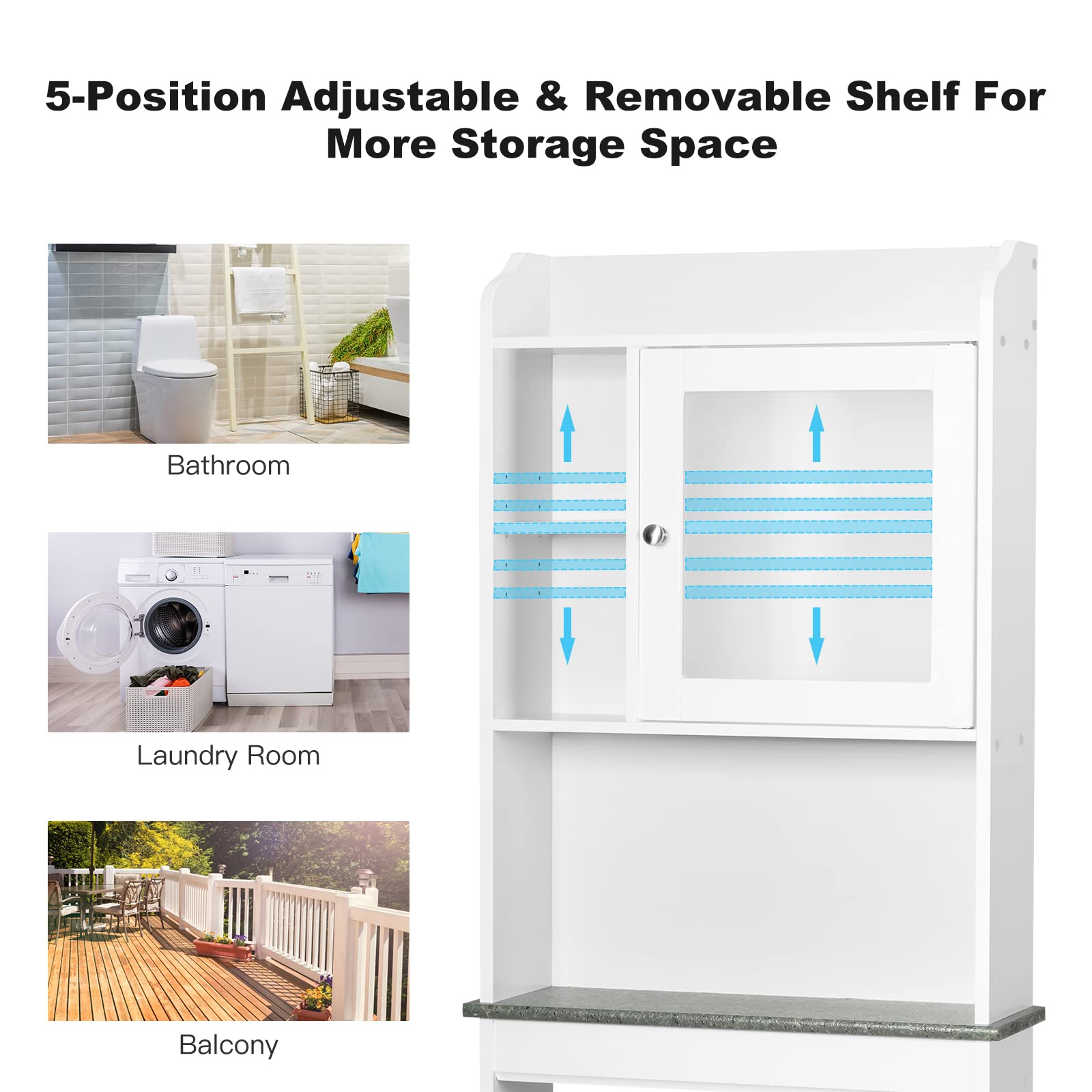 LIFEZEAL Armario para el Inodoro, Organizador sobre WC con Puerta de Cristal Satinado Templado con 4 estantes, Armario de baño Que Ahorra Espacio, 59,5 x 19 x 173cm