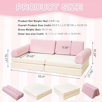 furlinkhm Kids Modular Play Couch, Kids Couch for Playroom, 5 Seconds Instant Expansion, Corduroy Fabric, Pink and Beige