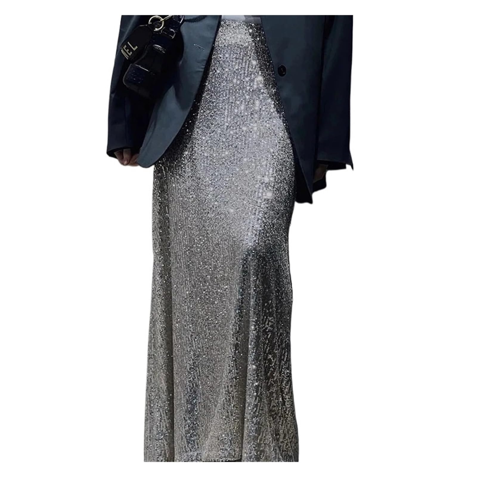 Falda Lentejuelas Falda de Lentejuelas de Moda for Mujer, Faldas largas Elegantes de Cintura Alta, Falda Holgada Informal for Oficina, Ropa de Calle(Silver,S)