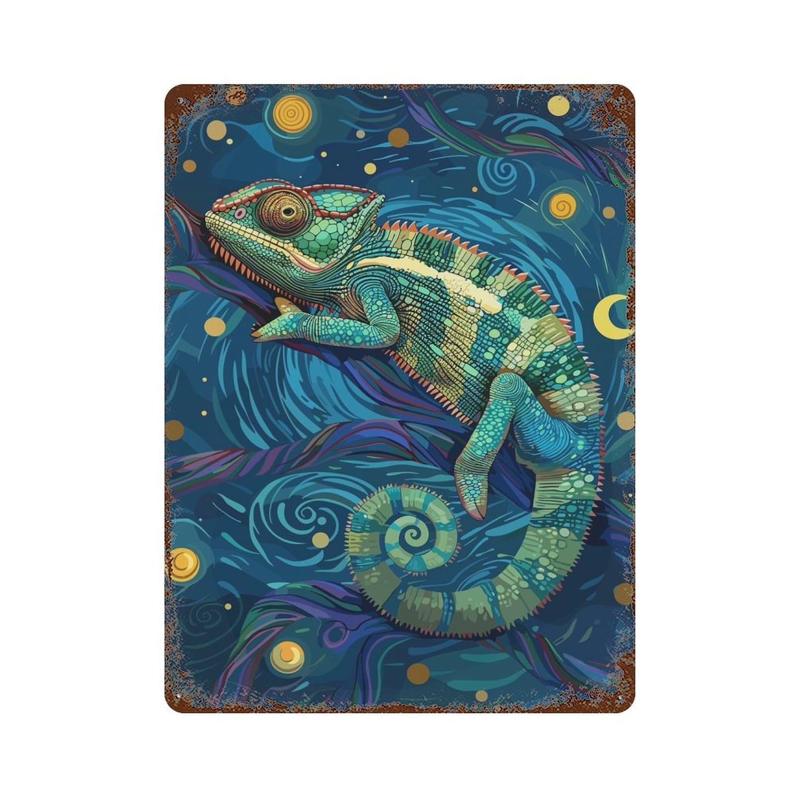 Chameleon in Starry Night Style Vintage Wall Sign 15.7"x11.8", Rust Effect Metal Decor for Cafe, Home Bar And Lounge Decor