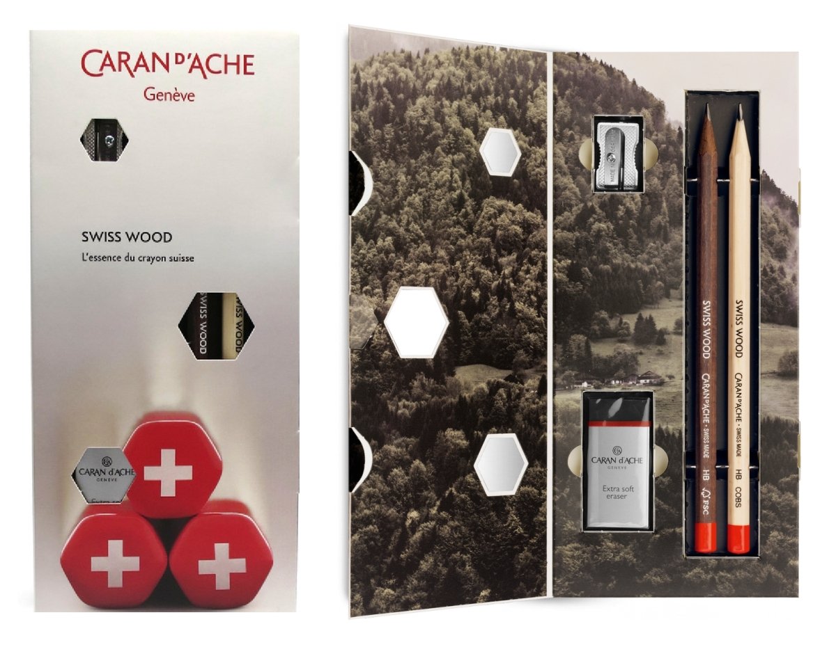 Swiss Wood Caran Dache Pencil Gift Set (HB Graphite Pencils, Eraser & Sharpener)