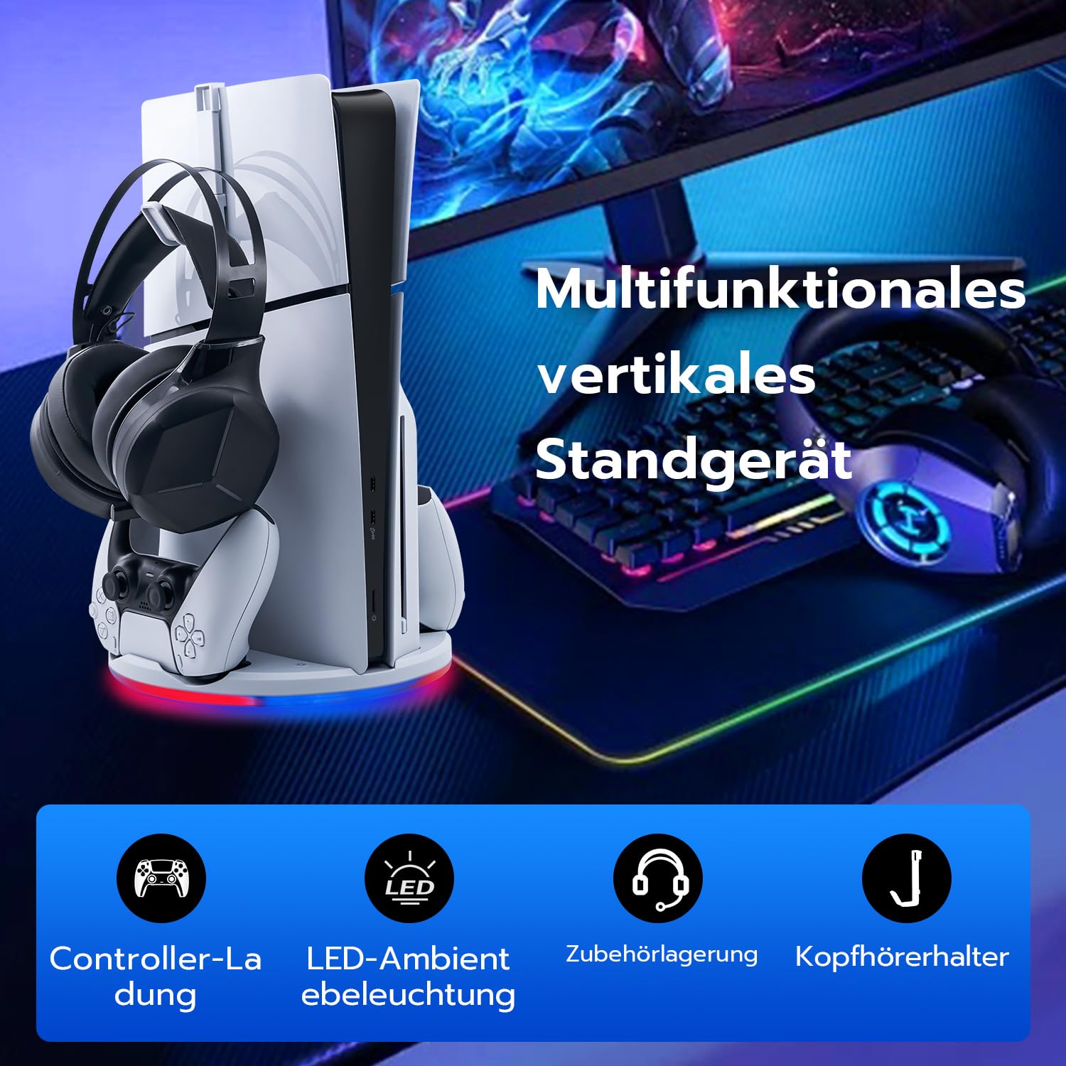 Wigearss PS5 Slim Standfuß Ständer mit Dual Controller Ladegerät, PS5 Controller Ladestation mit RGB Licht für PS5 Slim DE/UHD, Nicht für PS5/PS5 Pro