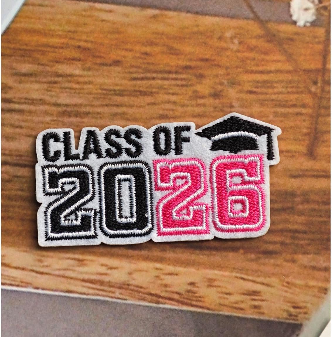 Class of 2026 Graduation Embroidered Iron On Sew On Patches, Senior High School College Grad Student Teacher Applique Badge for Clothes Jeans Backpacks Hats, Black and Pink (Color B) image 2