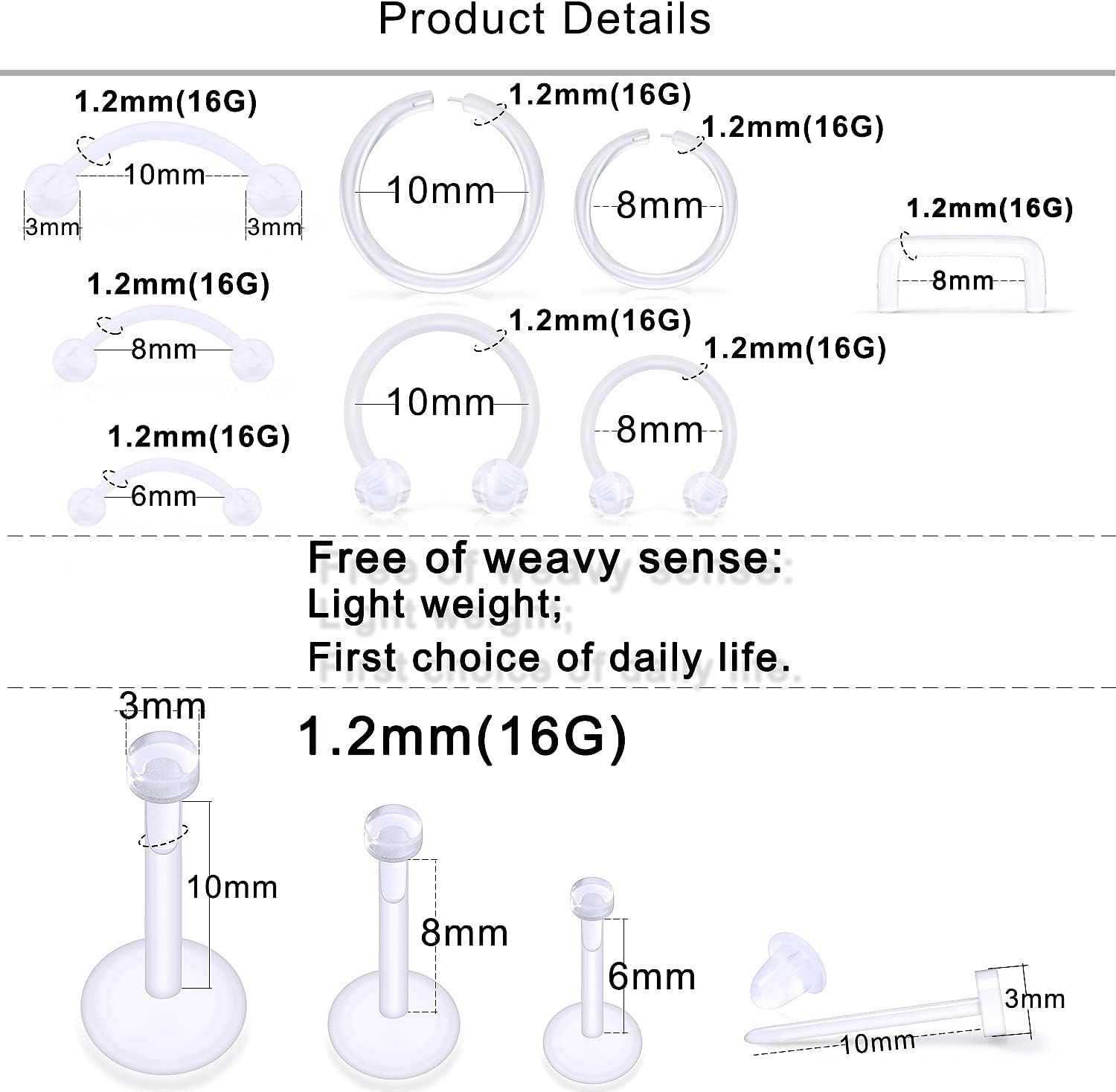 Lcolyoli Mix Set Clear Piercing Retainers Flexible Lip Rings Ear Cartilage Rook Daith Conch Tragus Earrings Plastic Helix Piercing Jewelry for Work Sports Women Men - Image 2