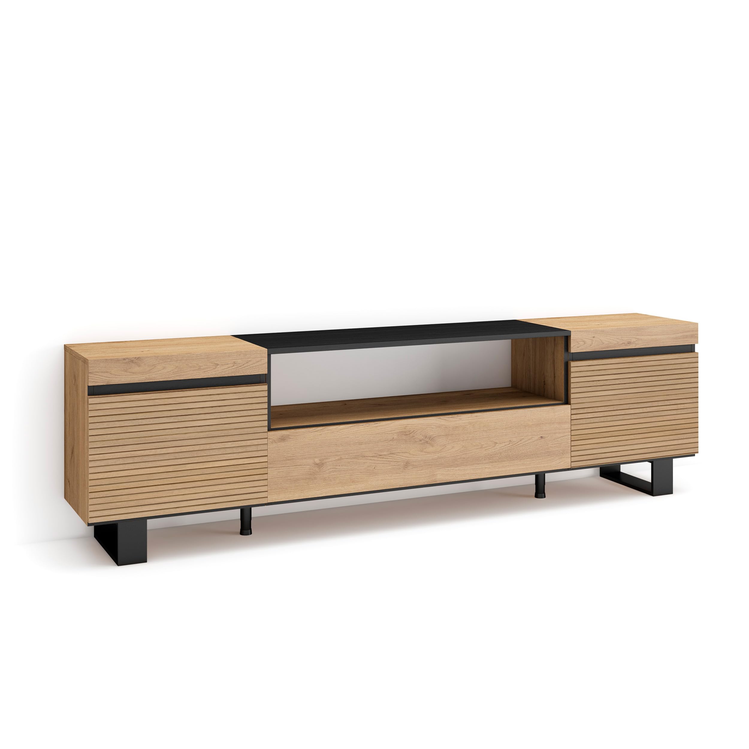 Skraut Home | Mueble TV | Televisión | Muebles de salón, almacenaje | 200x57x35cm | para TV hasta 80" | Diseño Industrial | Estilo Moderno | Roble