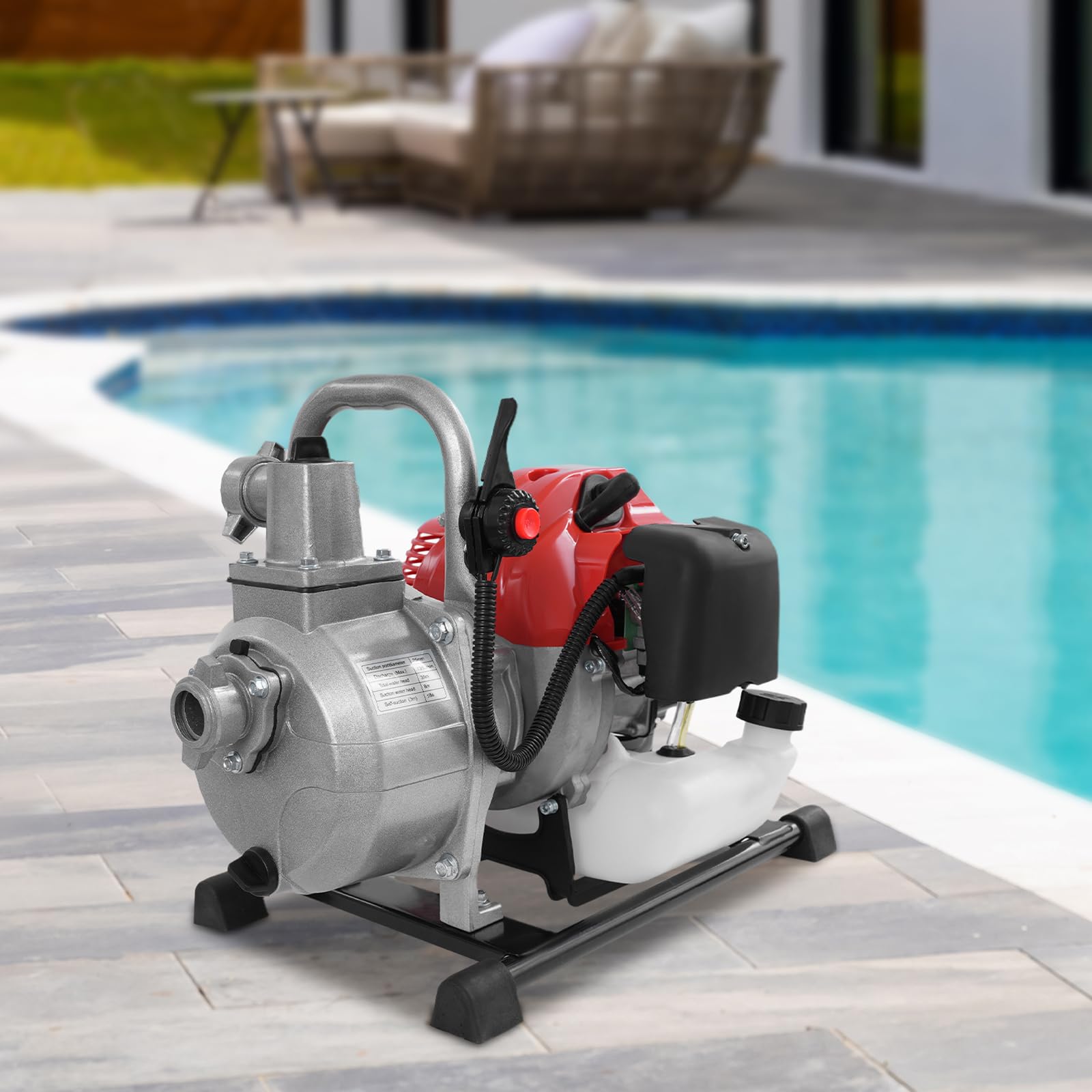 pompe à eau 1,25 kW, 10 000 l/h, hauteur de refoulement de 98 m, raccord de 2,5 cm, pompe de jardin, pompe à eaux usées avec moteur 4 temps, zone d'aspiration de 8 m, pompe à essence, démarrage à