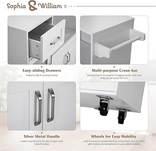 Miniatura 3 de Sophia & William Carrito de isla de cocina con ruedas con bandeja extensible, estante ajustable y puerta de cristal, isla de almacenamiento móvil de