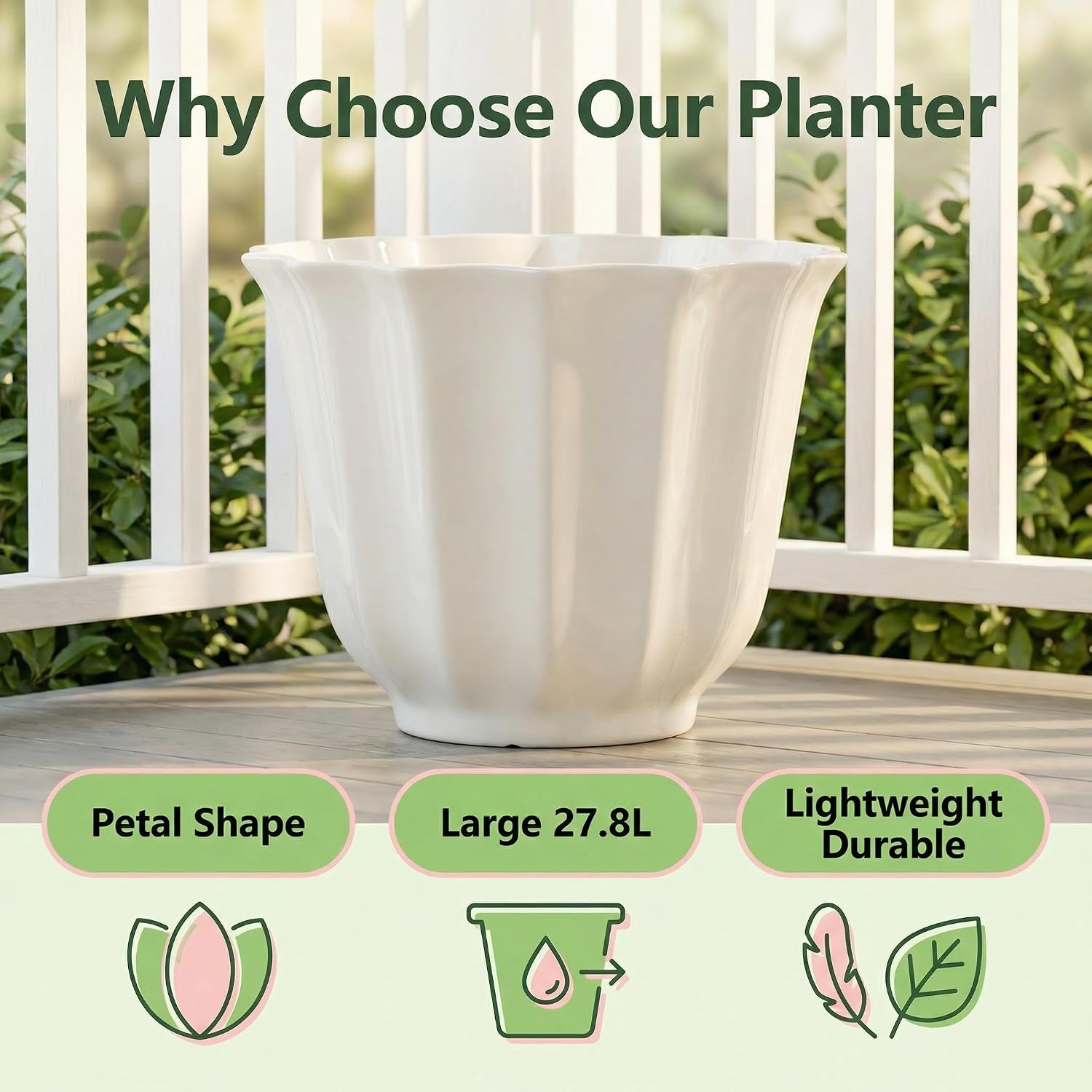 Plant Pot for Plants, with Drainage Holes, 18 Inch Resin Flower Planter, Suitable for Gardens, Living Rooms, Office Room, Indoor/Outdoor Plant and Flower Cultivation,White