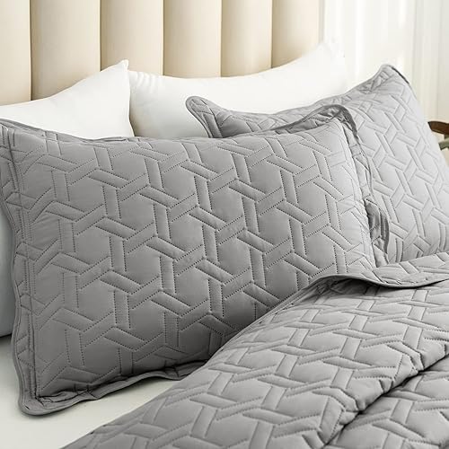 Miniatura 4 de Juego de edredón tamaño King de 3 piezas, colcha de verano suave y ligera, colcha reversible de microfibra para todas las estaciones, gris, patrón