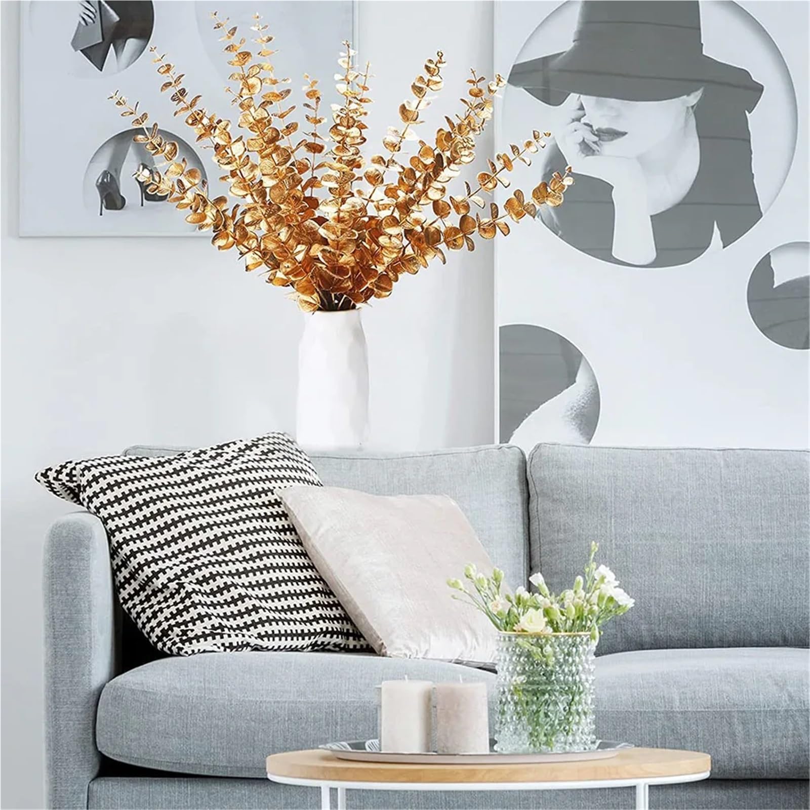 Rami di pino artificiali, Confezione da 30 aghi di pino artificiali con glitter natalizi e rami eucalipto, decorazioni for la casa multimatrimonio(Golden Eucalyptus)