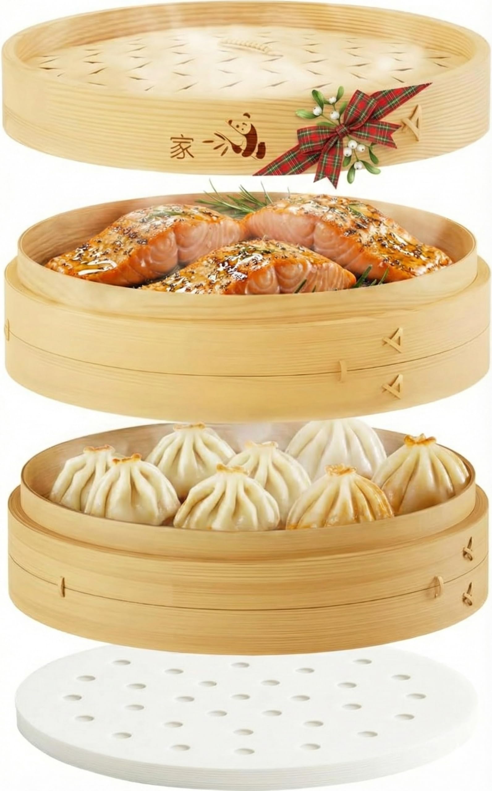 Prime Home Direct Bamboo Steamer Basket 8-Inch | 2-Tier Steamer for Cooking | 50 Liners | Small Instant Steaming Cookware Asian Food, Bao Buns, Chinese, Dim Sum, Dumpling, Rice, Vegetable Steam Pot