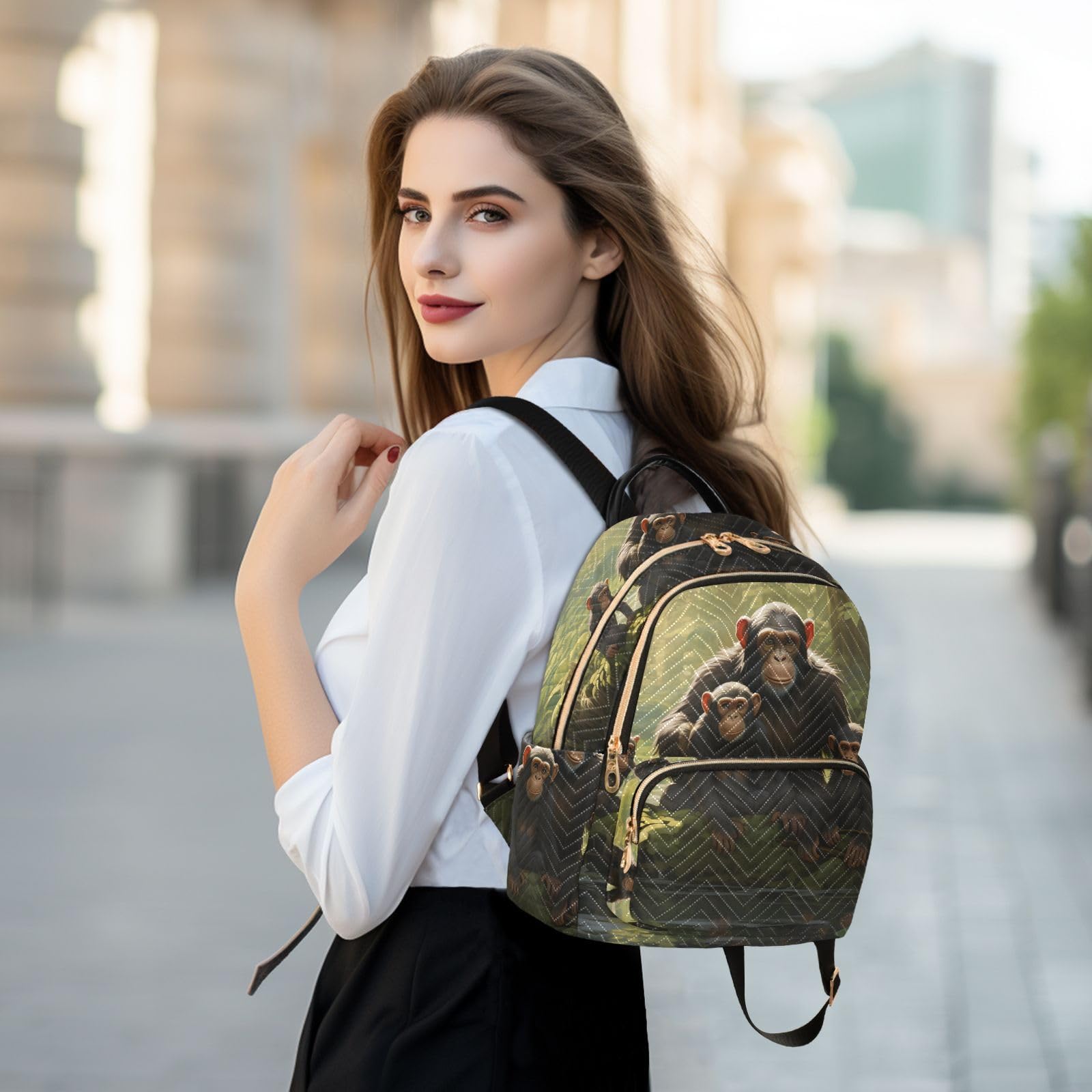 Small Fashion Backpack for Women Chimpanzee Family Forest Print Ladies Travel Daypack Aesthetic Shoulder Bag