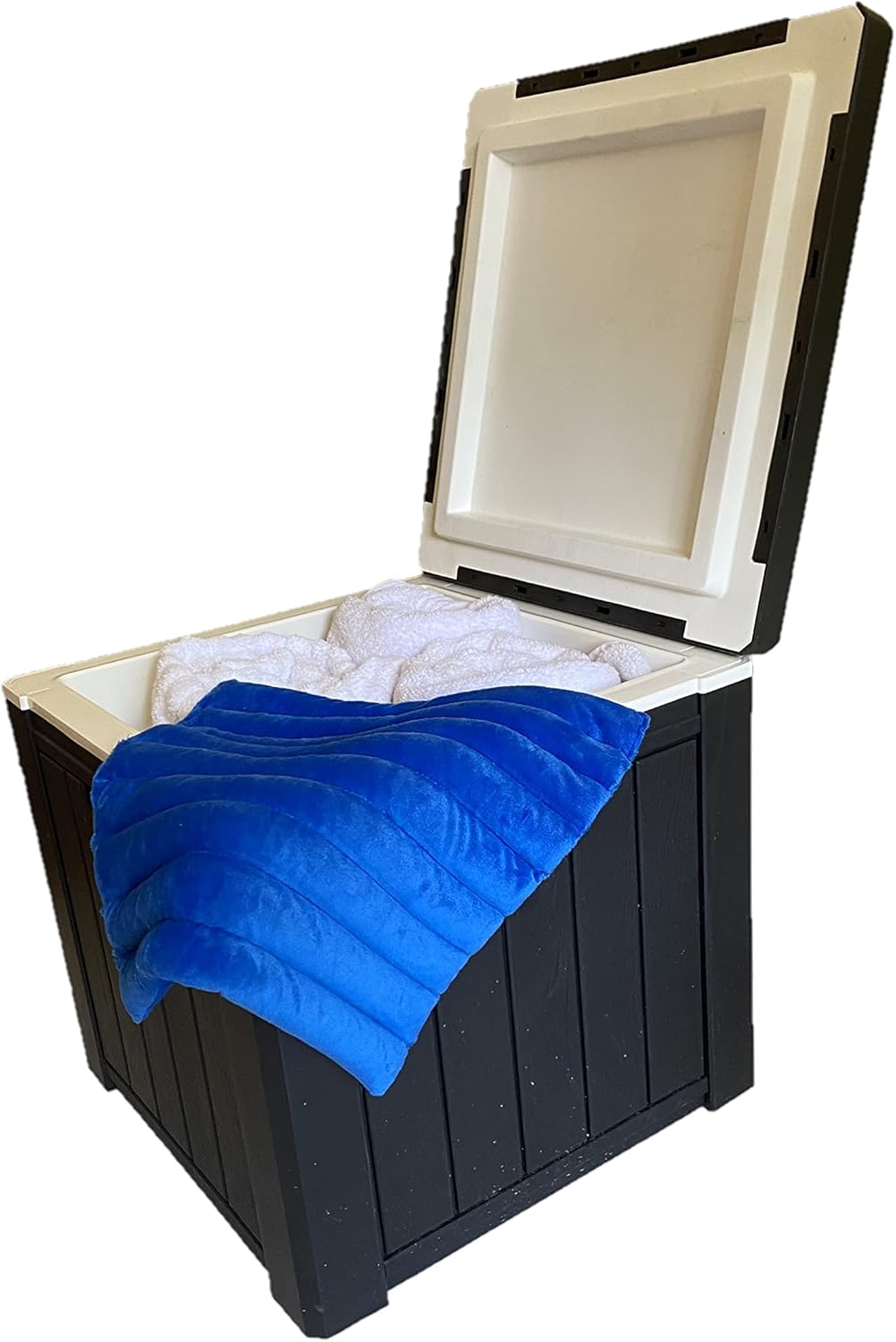 Hot Tub Towel and Robe Warmer/Deck Box with Microwavable Heat Pad - Thermal Resistance, Weather-Resistant, Large Capacity for Outdoor Tub, Spa (Black)