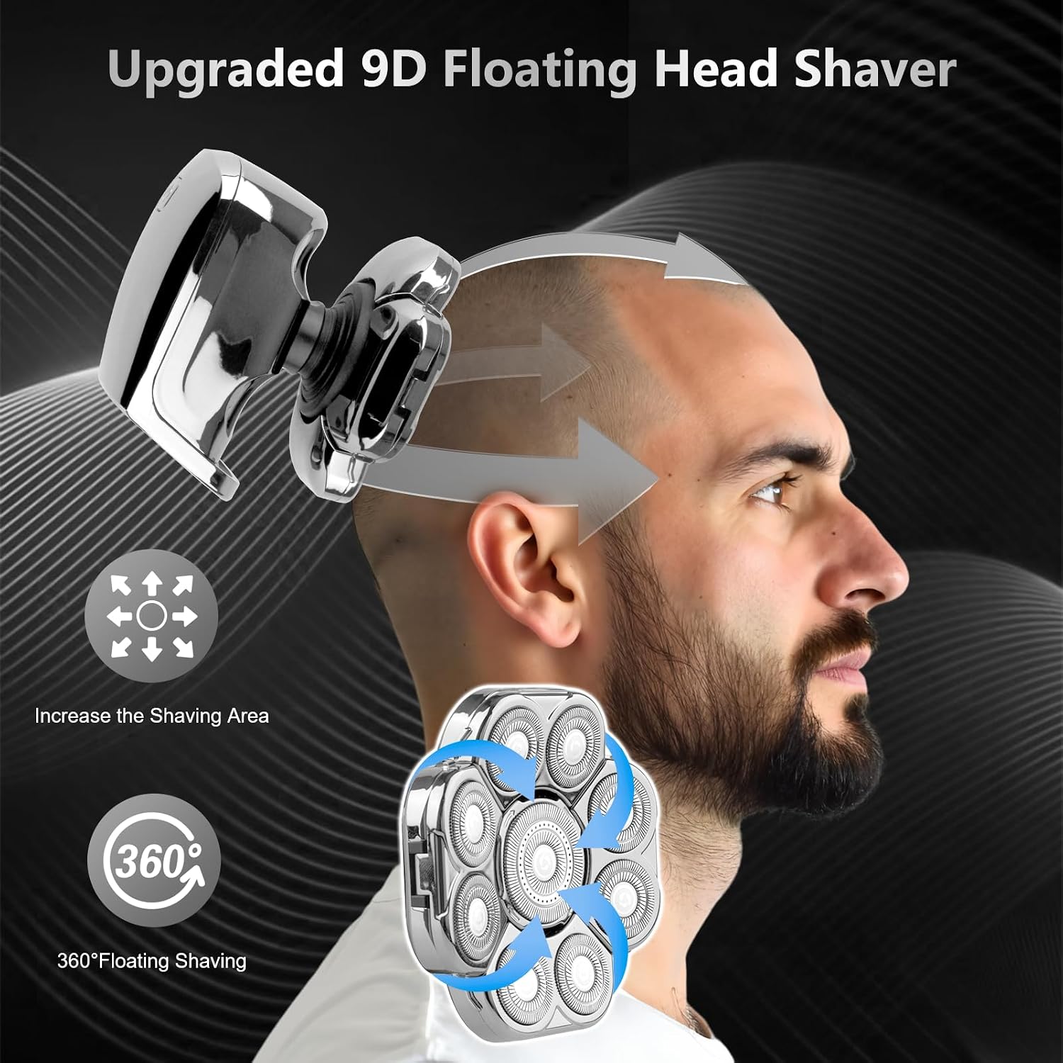 Head Shaver 9D, 6-in-1 Electric Razor for Men, Rechargeable Bald Head Shaver With Nose Hair Trimmer, LED Display, Dry & Wet Grooming Kit