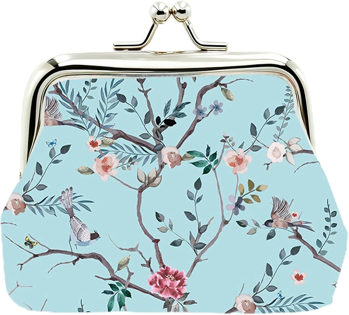 Cute Floral PU Leather Small Coin Purse Vintage Kiss-Lock Change Wallet Card Cases for Women Girl(Rose Light Blue)