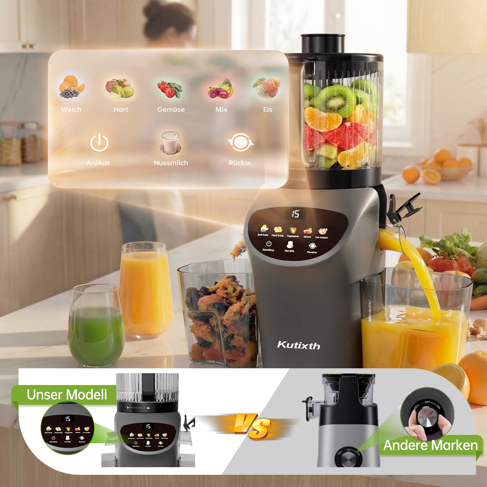 Entsafter 450W Slow Juicer 156mm Fütterungsrutsche 3L Füllvolumen Kaltpresse BPA-Frei