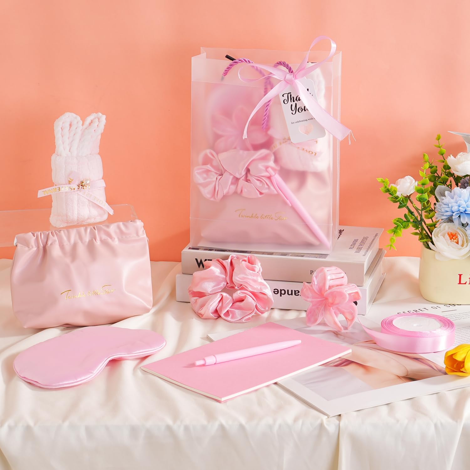 55-Piece Baby Shower Game Winner Prize Set, Including Hair Ties, Eye Mask, Makeup Bag and Gift Bag, Suitable for Baby Shower Game Prizes, Weddings and Bridal Shower Gifts (PINK)