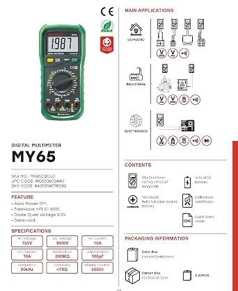 MASTECH MY61 MY60 MY62 MY63 MY64 MY65 MY68 MY6243 AC/DC Professional Multimeter Electric Handheld Tester Meter Digital Multimeter Voltmeter Pocket Multimeter(MY65)