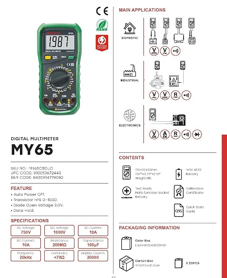 MASTECH MY61 MY60 MY62 MY63 MY64 MY65 MY68 MY6243 AC/DC Professional Multimeter Electric Handheld Tester Meter Digital Multimeter Voltmeter Pocket Multimeter(MY65)