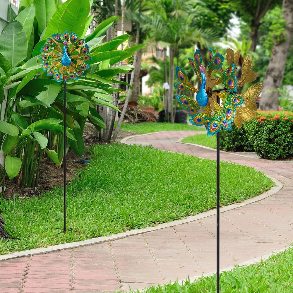 Wind Spinners Outdoor Peacock, 63 Inch Double-Sided Garden Windmill for Yard with 8 Green Feather Blades, Large Metal Garden Wind Spinner