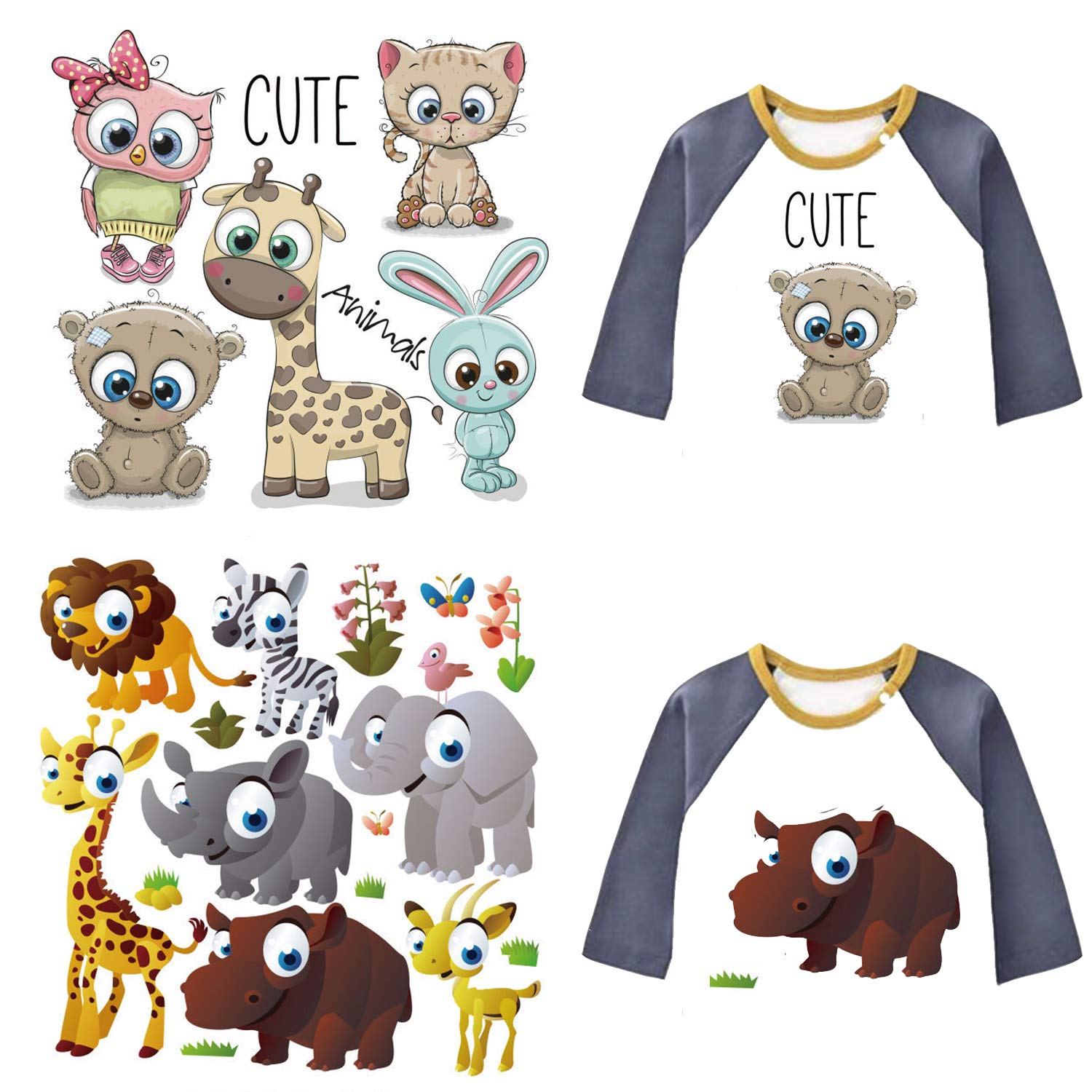 Kids Iron on Transfers Patches Set 2 Sheets Assorted Cute Animal Iron