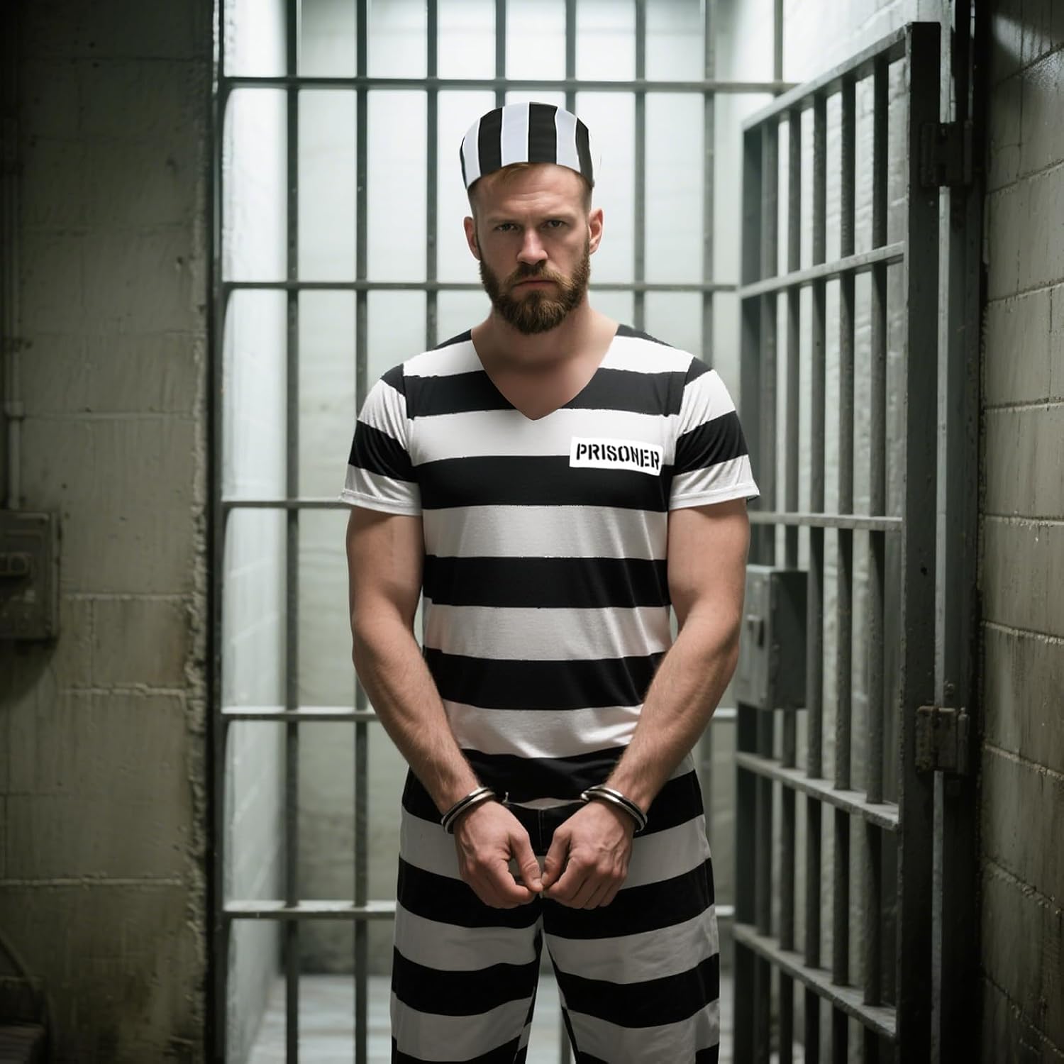 6Pcs Prisoner Costume Men Black White Striped Jail Inmate Costume Prison Outfit Halloween Convict Cosplay Uniform - Image 5