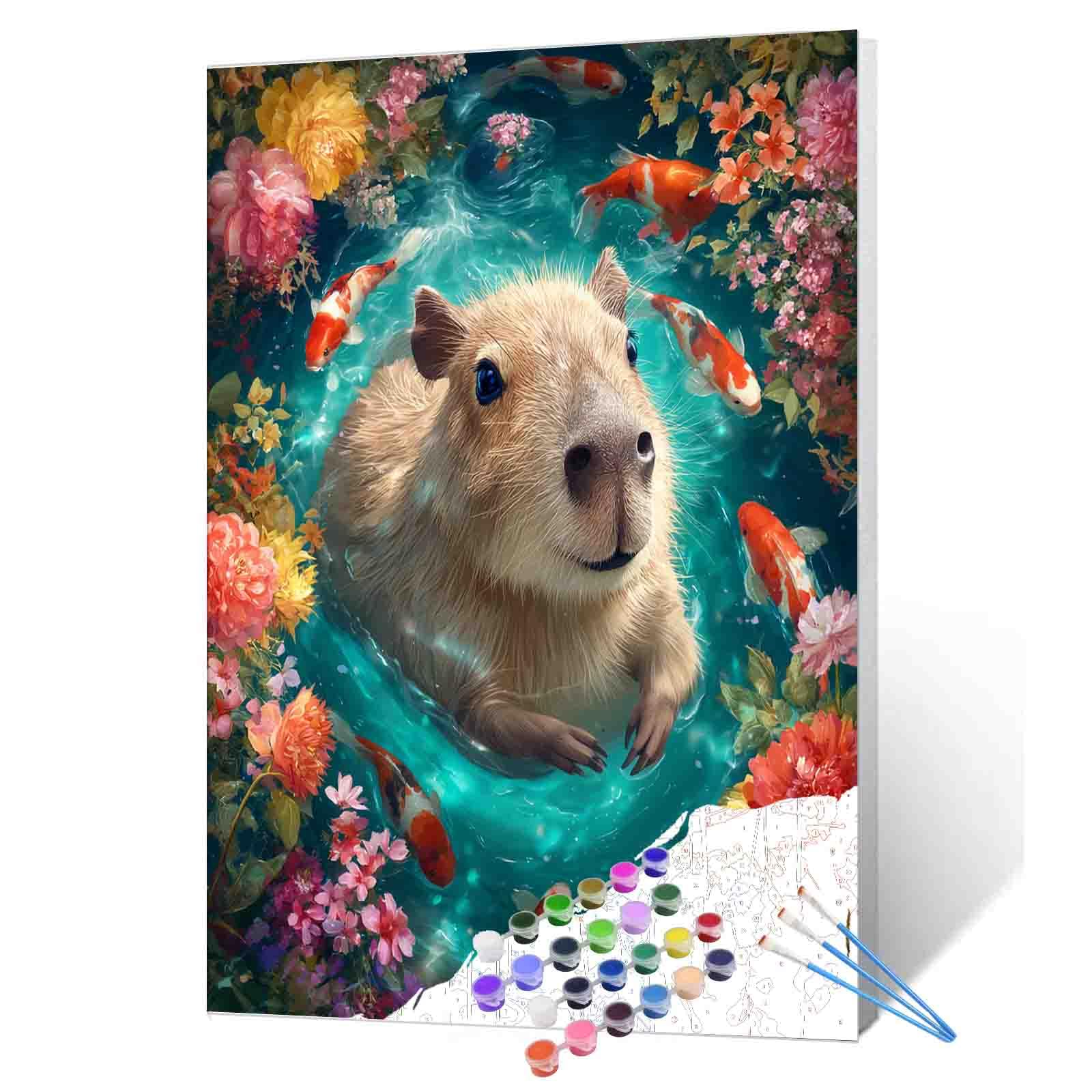 Cute Capybara Swimming Paint by Numbers for Adults Beginner Animals Koi Fish Oil Painting Kits on Canvas with Brushes and Acrylic Flowers Painting Crafts DIY Home Wall Decor 16X20 Inch (Frameless)