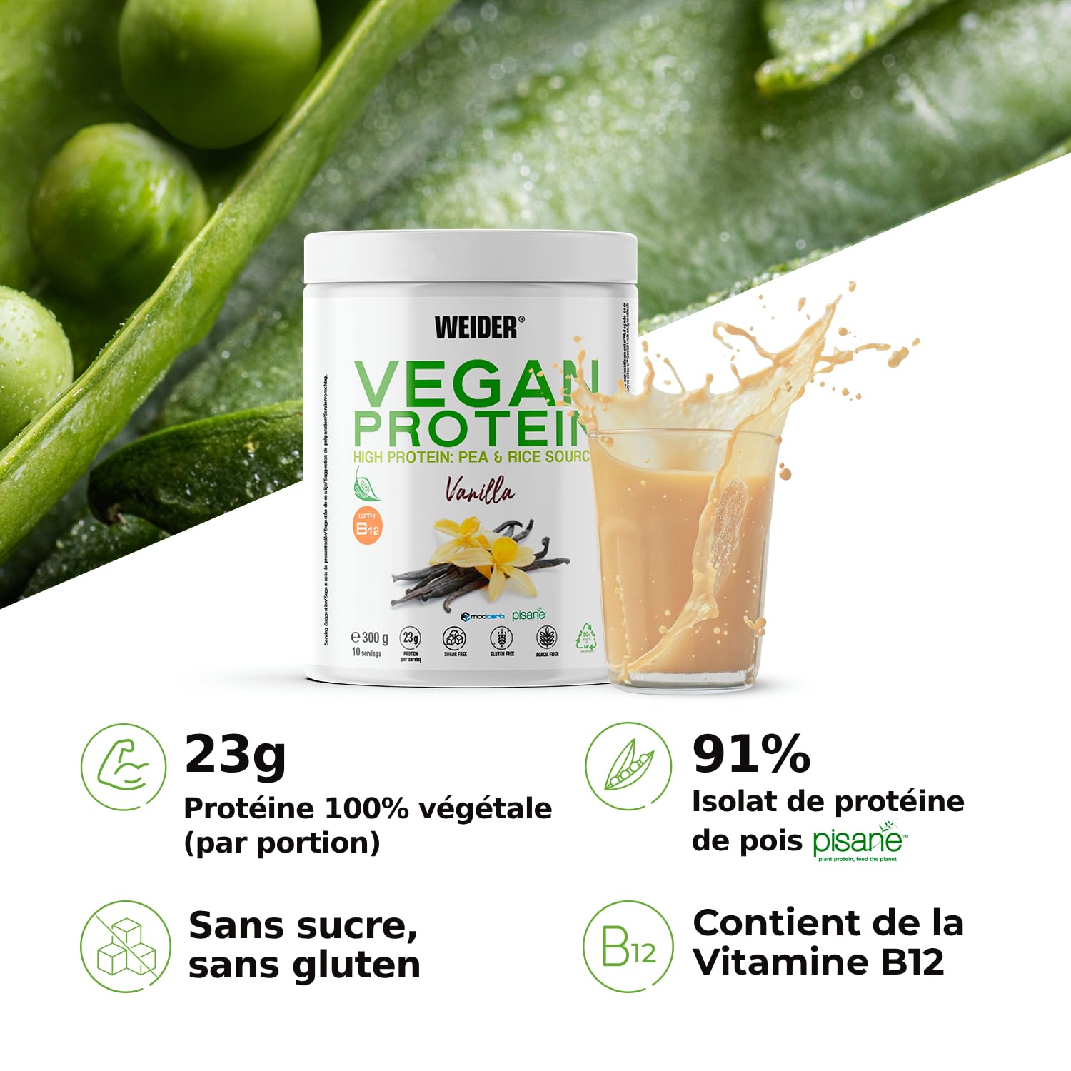 Weider Vegan Protein PACK DUO (2x300g) Goût Vanille et Chocolat. Protéines 100% Vegetal d'Isolat Pois & Riz. Avec Vitamine B12 & Stevia. Sans Gluten, Sans Sucre. Emballage 50% Recyclé, 100% Recyclable