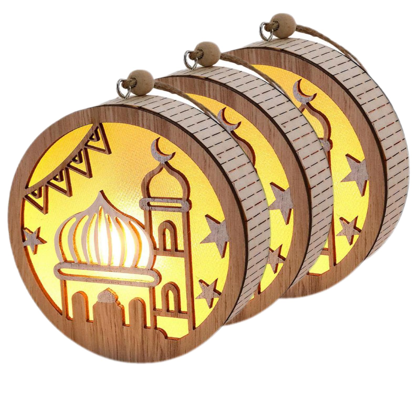 GenericWood Material Moon Star Hanging LED Night Light, Ramadan Eid Mubarak Ornaments, Eid Crafts Gift for Home Party Bedroom (Style C-3pcs)