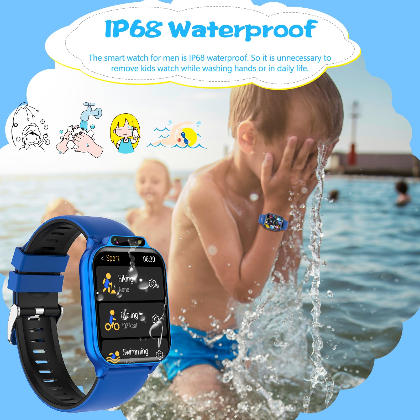 Orologio per bambini da 4,7 cm, AI(traduzione/domande e risposte/riconoscimento immagini) smartwatch con frequenza cardiaca, monitoraggio del sonno, contapassi video musicale, senza app/telefono