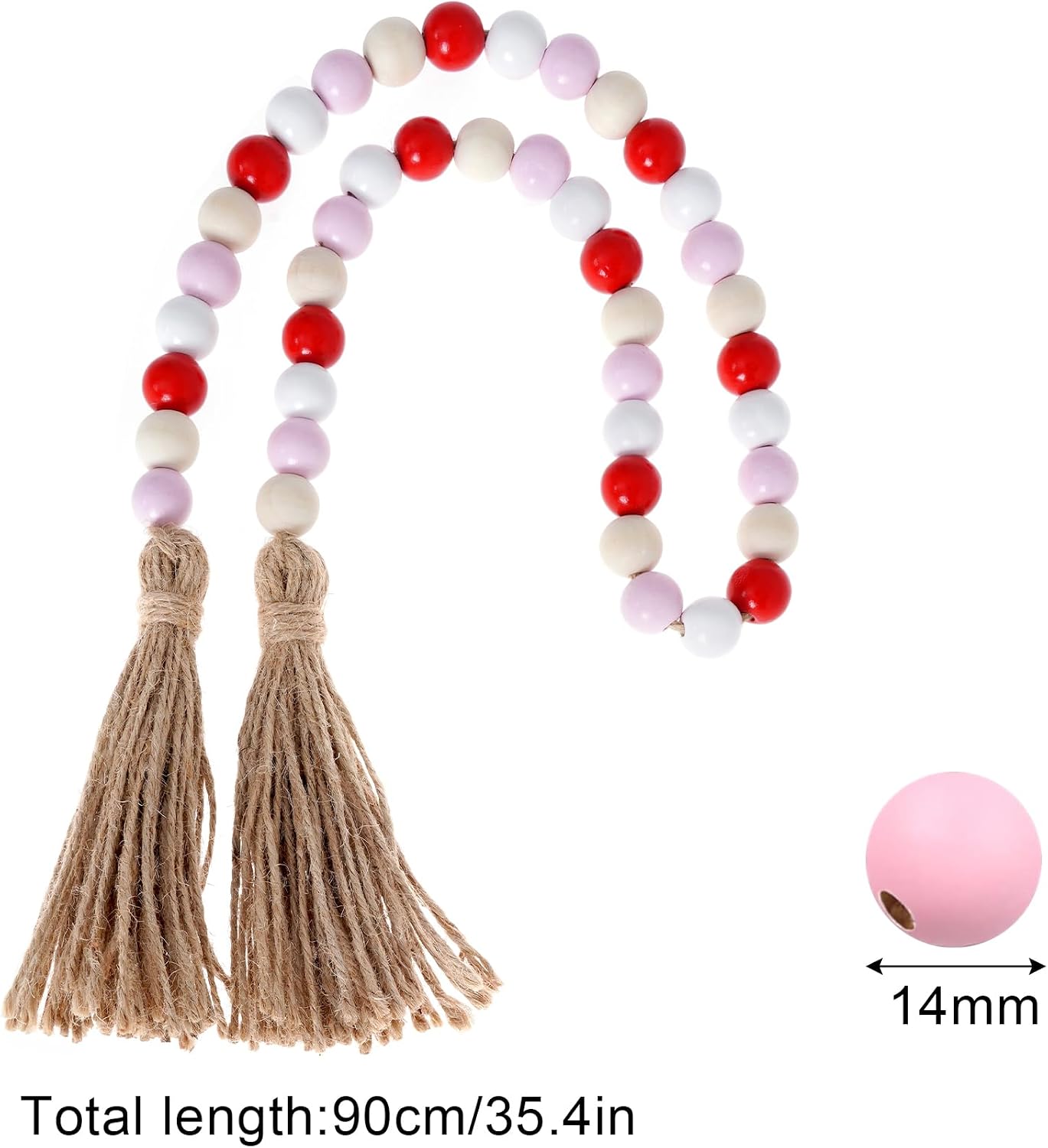 Valentine's Day Wood Bead Garland with Tassel, Farmhouse Beads with Jute Rope Tassel, Wooden Beads Garland for Valentines Tiered Tray Decorations Party Present Home Decor (Red & Pink & White, 35.4 In)