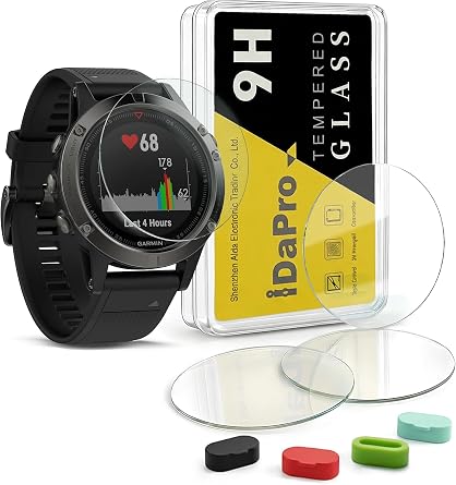 iDaPro [4+4 Pack Screen Protector for Garmin fenix 5S with Silicone Anti-dust Plugs, 9H Tempered Glass Protection Kit in Reusable Storage Case, Anti-Scratch,Bubble-Free,Easy Installation