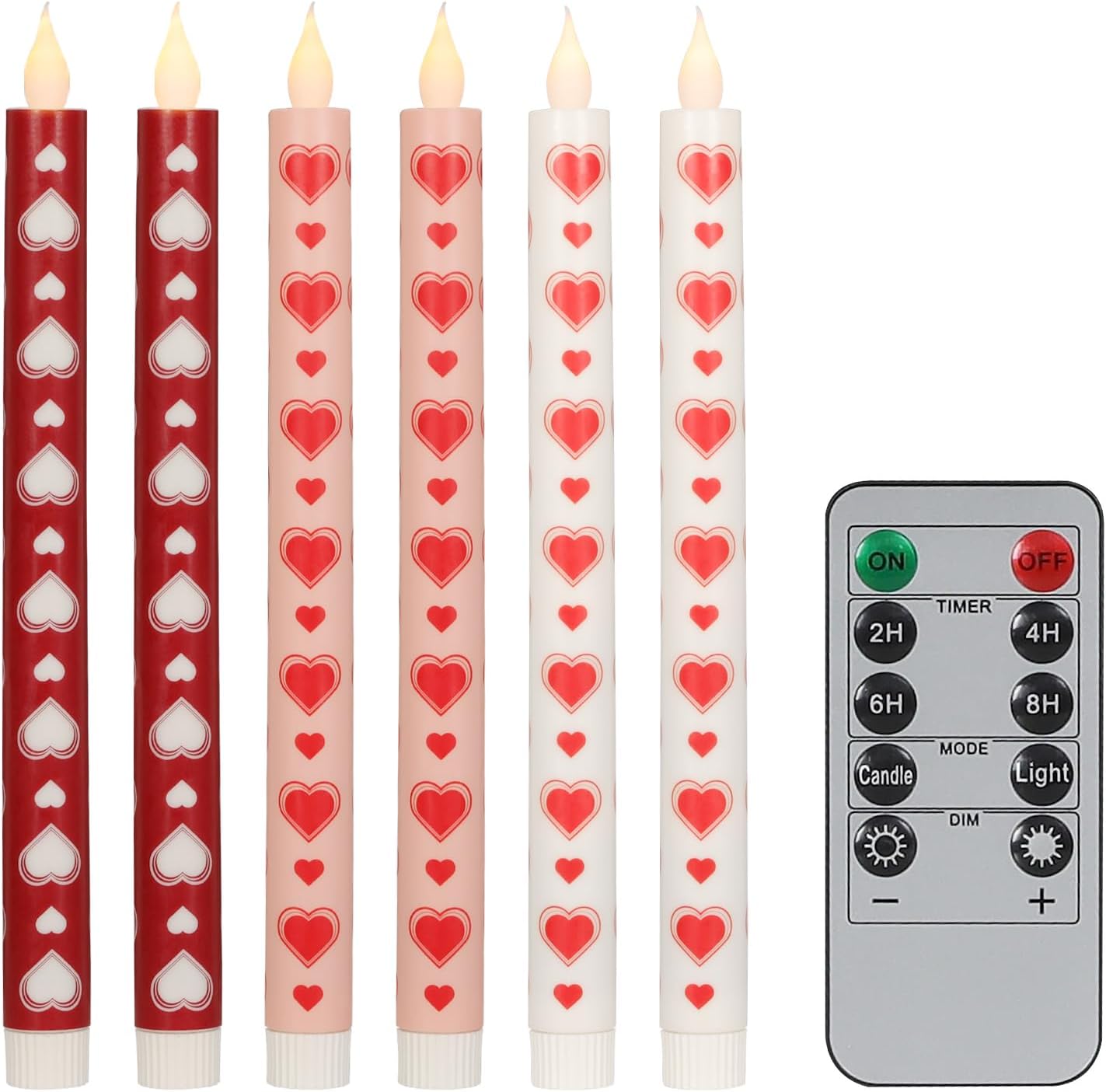 6PCS Valentine's Day Flameless Taper Candle - 10.63" Heart Love Candle with Remote,Pink Red Battery Operated LED Candlesticks,Valentines Candles Gifts for Wedding Anniversary Romantic Night Decor