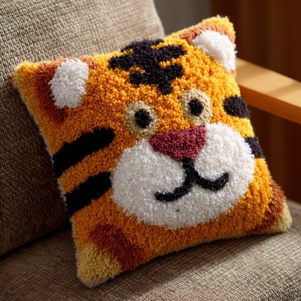 Taxpy DIY Latch Hook Pillow Kit Pre-Printed Hook and Latch Rug Kits Tiger 17X17 Inch.Cross-Stitch Embroidery Cushion Cover for Home Sofa Decoration