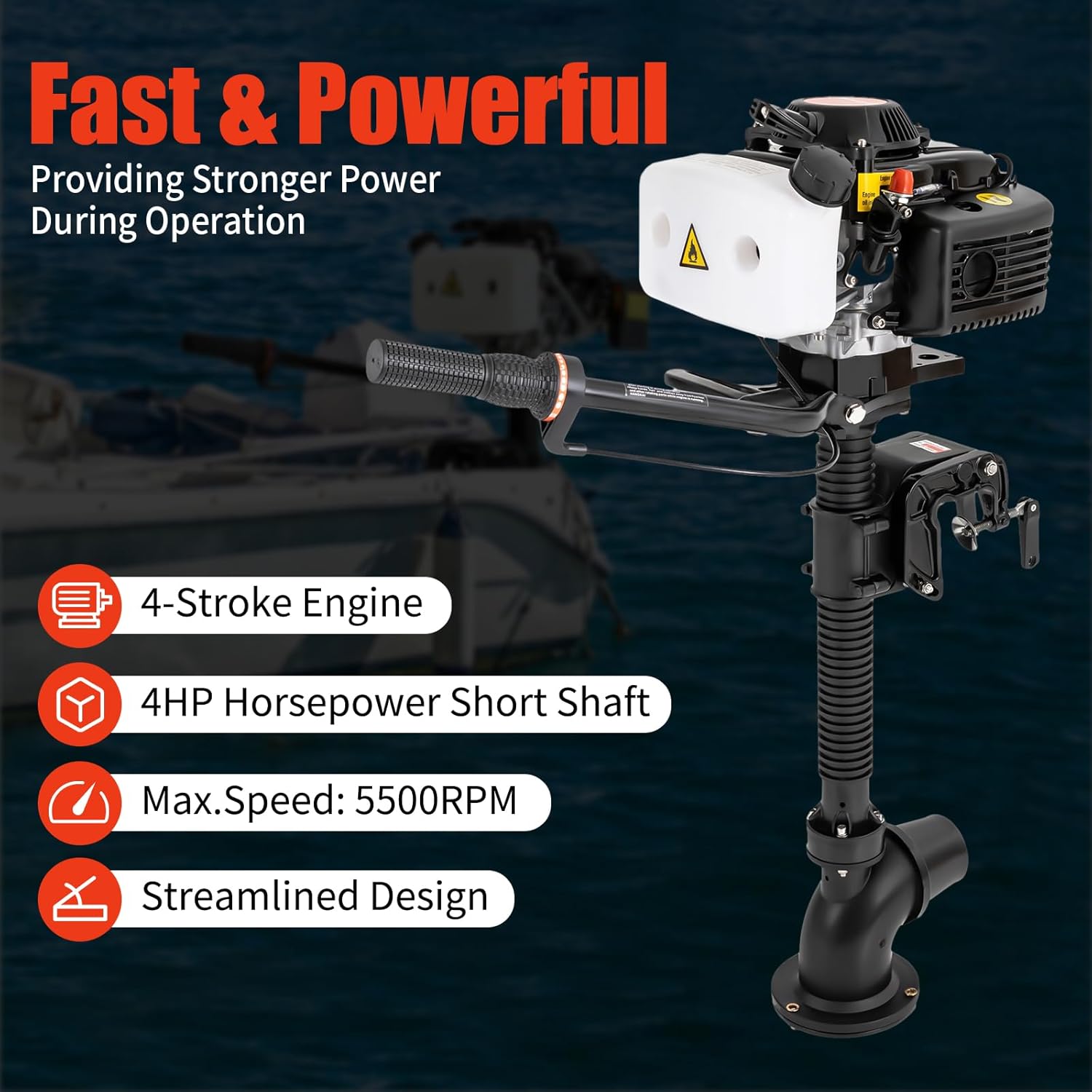 4-Stroke 4HP Outboard Boat Motors, 55CC 5500RPM Heavy Duty Fishing Boat Engine with CDI Ignition System & Wind Cooling, Inflatable Boat Motor for Plastic Boats, Fiberglass Boats, Wooden Boats