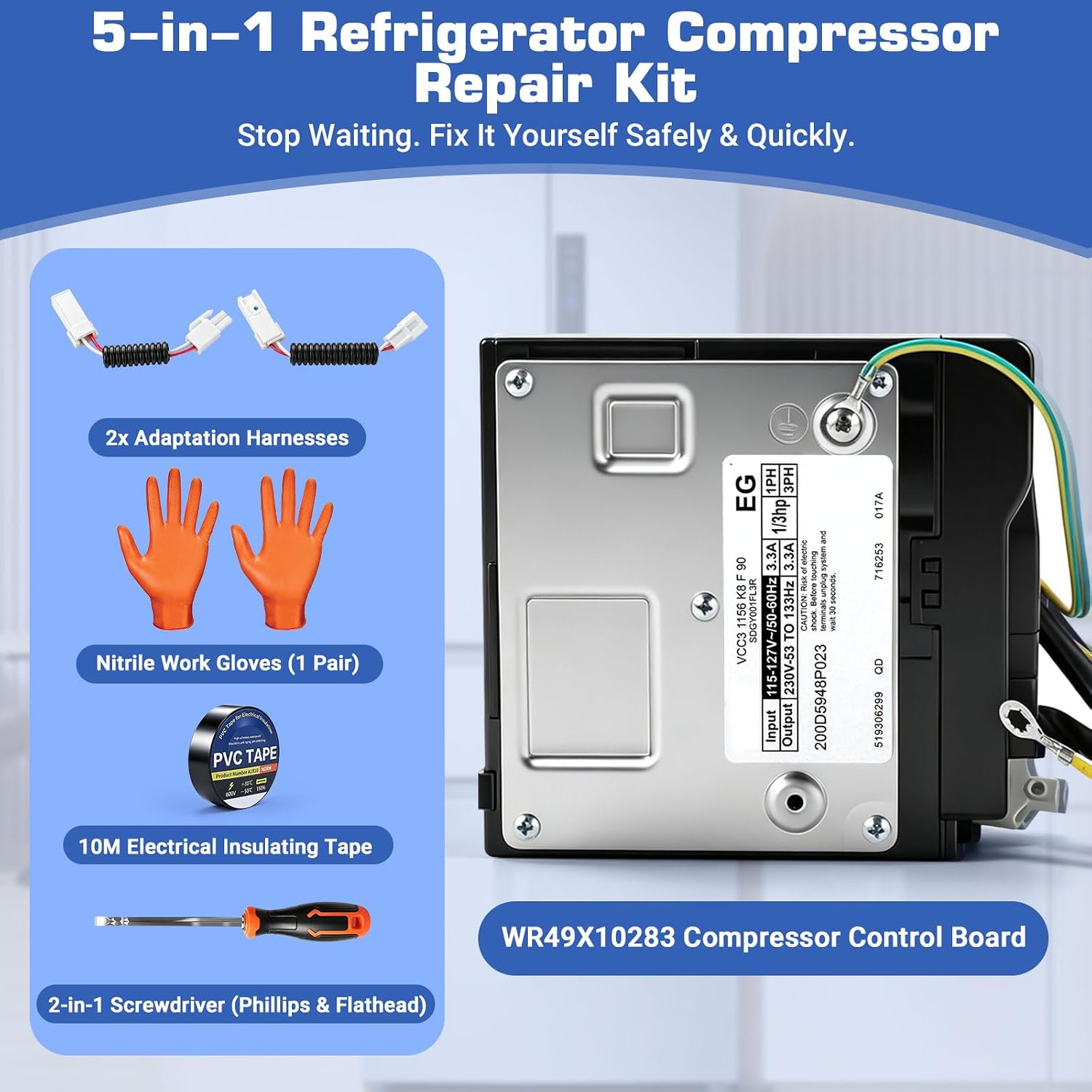 Upgraded WR49X10283 Fridge Inverter Board VCC3 1156 K8 F90 Fit GE Monogram Refrigerator, Replaces WR55X10490 WR55X11029 PS6883663, Kit with PVC Tape, Screwdriver & Nitrile Gloves