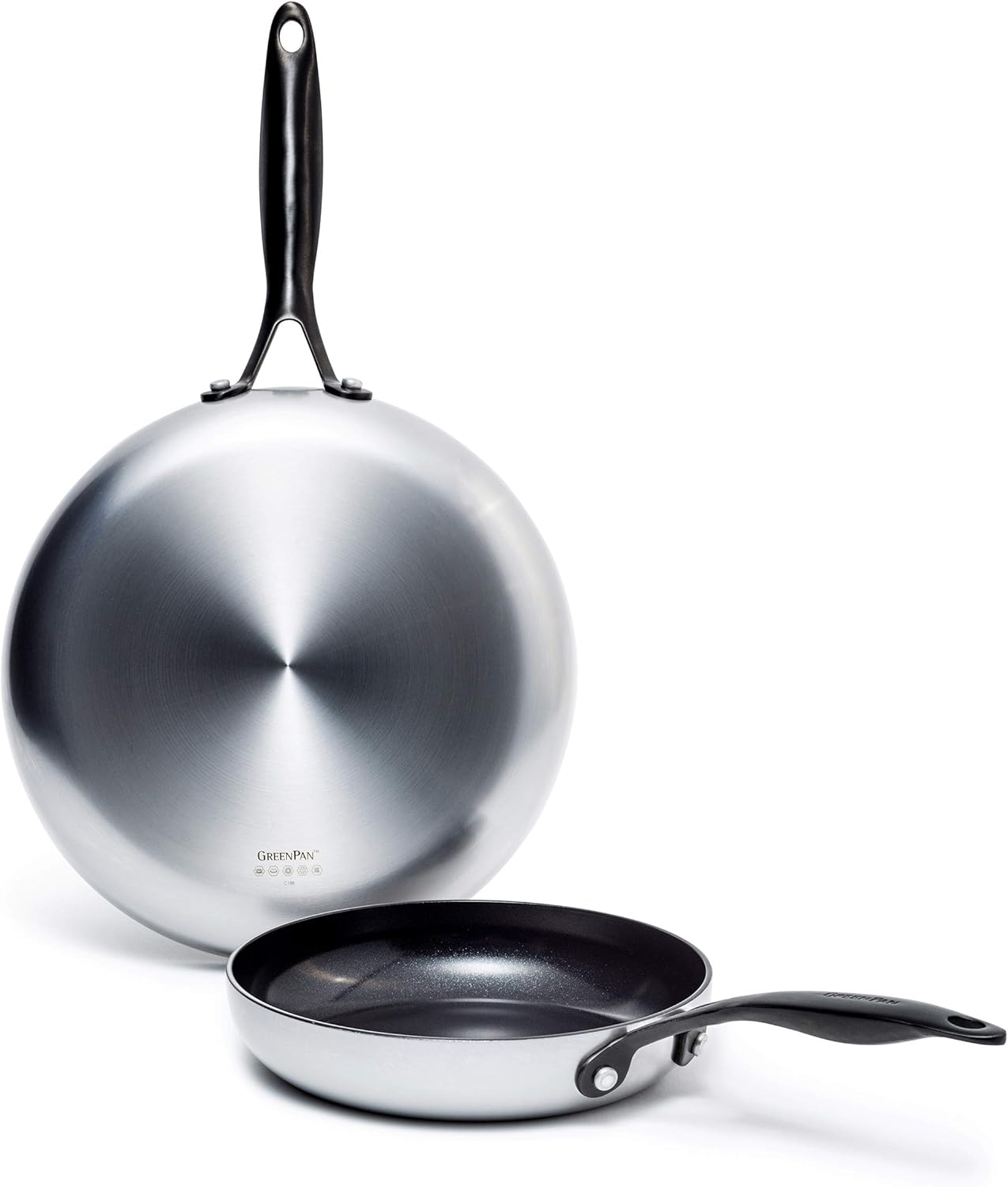GreenPan Venice Pro Noir Tri-Ply Stainless Steel Healthy Ceramic Nonstick 10" and 12" Frying Pan Skillet Set, Matte Black Handle, PFAS-Free, Multi Clad, Induction, Dishwasher Safe, Oven Safe, Silver: Home & Kitchen