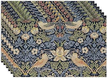 William Morris Floral Placemats Set of 6, Vintage Flower Strawberry Birds Place Mats, Heat Resistant Non Slip Cotton Linen Dining Table Mats for Home Kitchen Party 18x12 Inch