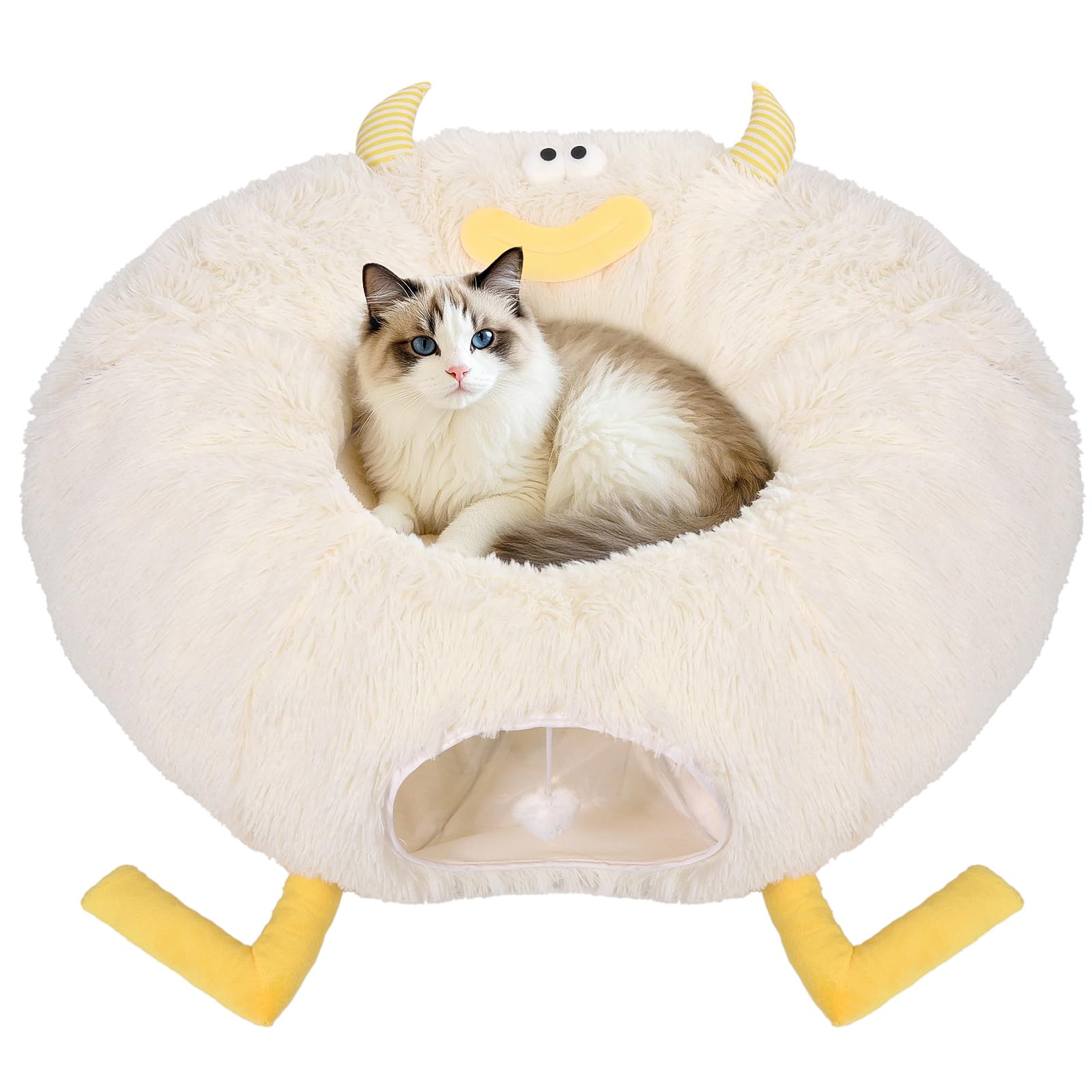 Petrendy Cat Tunnel Bed, Cute Cat Donut Tunnel for Indoor Cats with Washable Circle Cushion - Multi-Purpose Cat Bed & Cave, Pet Play Toys for Kittens,
