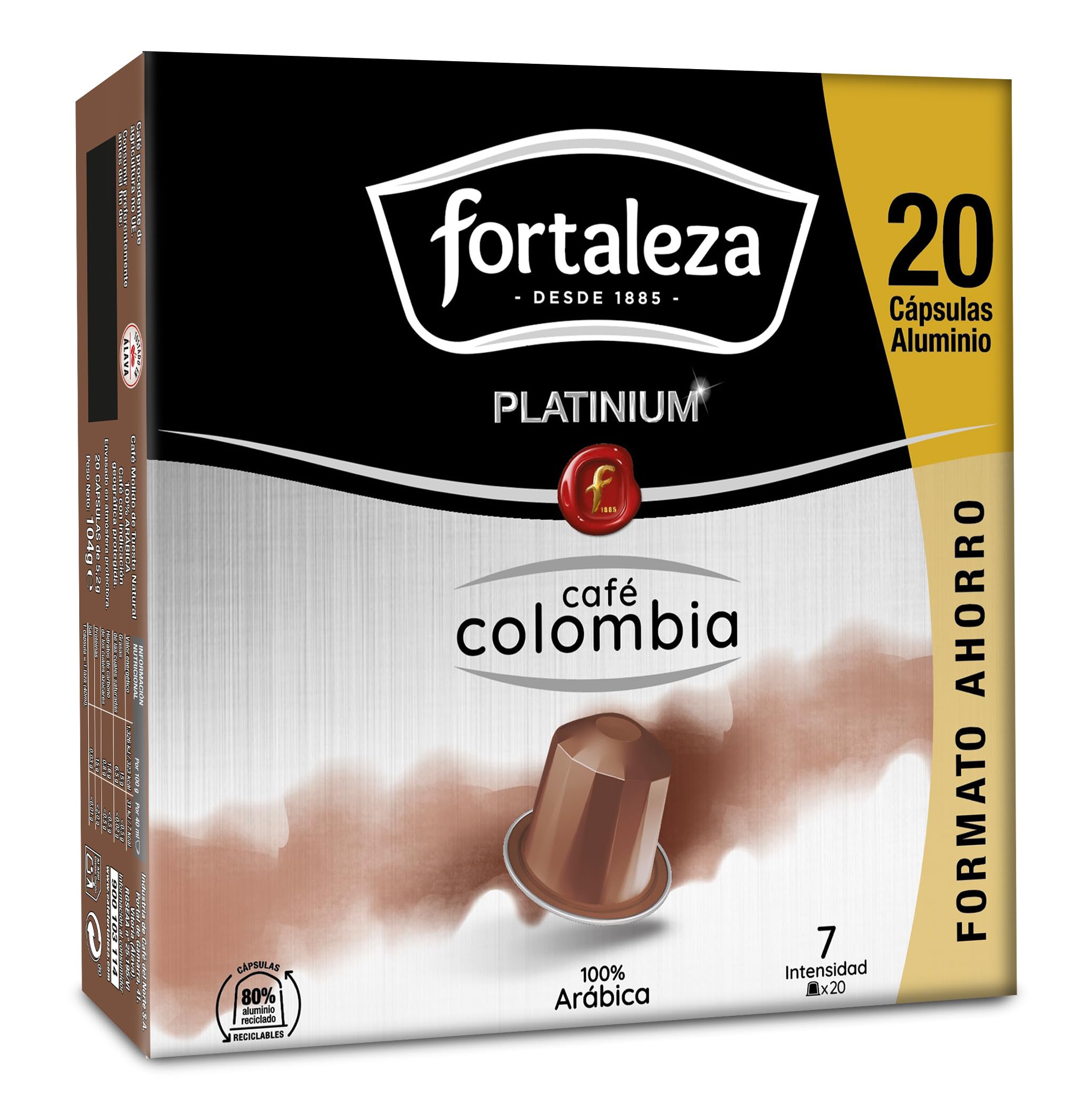 Café Fortaleza Platinium, Cápsulas Compatibles con Nespresso, de Aluminio, Café de Colombia, Puro Sabor, 100% Arábica, Tueste Natural, Pack 8x20 - Total 160 uds