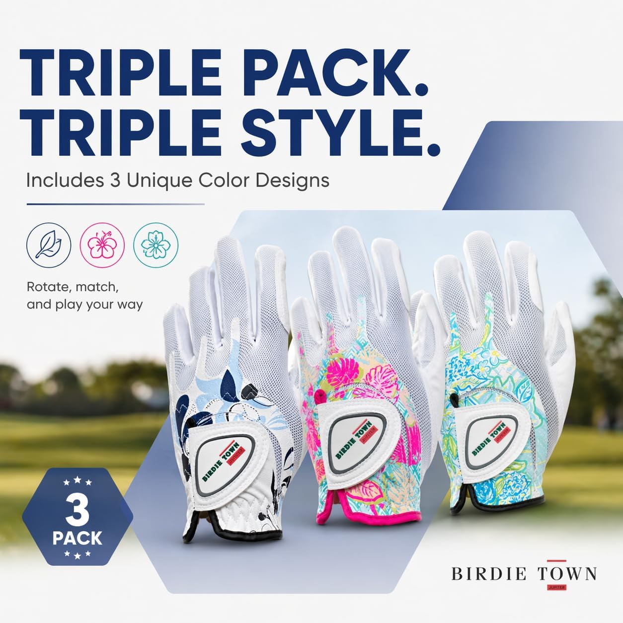 Golf Glove 3-Pack - Breathable Synthetic Leather, Premium Golf Accessories, One Size Fits Most.