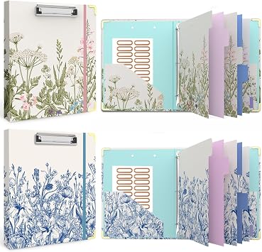 3 Ring Binder 1 Inch, Cute Round Ring Binders with 6 Tab Dividers, Labels Stickers, Low Profile Clipboard with Storage, Fashion Binder School Office SuppliesGarden Flowers+Vintage Blue Florals