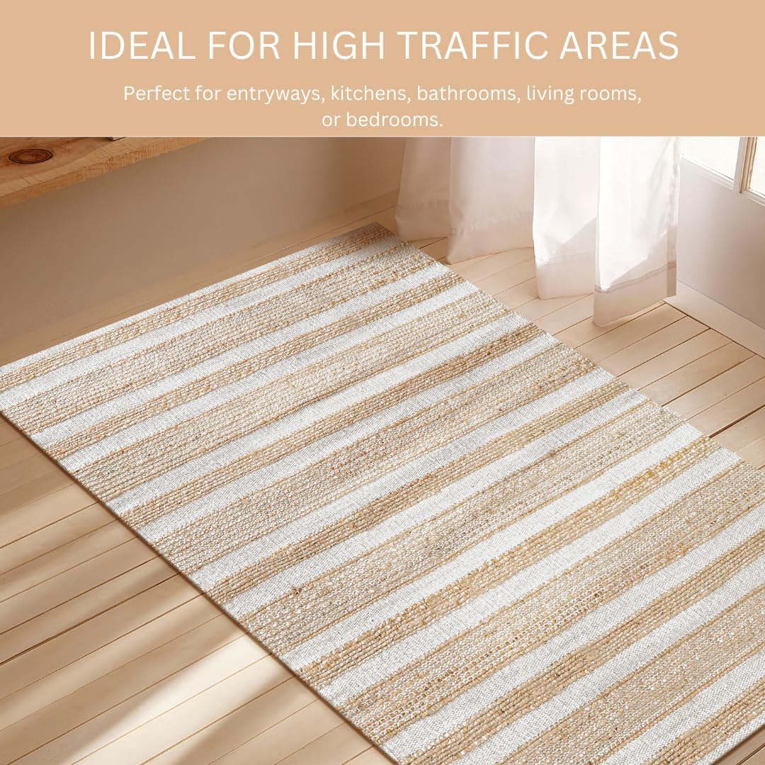 Area Rug Farmhouse 3x5 Feet - Hand Woven Jute Cotton Rug Bohemian Rustic Vintage - Non Slip Floor Rug for Bedroom Living Room Kitchen Dorm Entryway Hallway - Area Rug Natural White