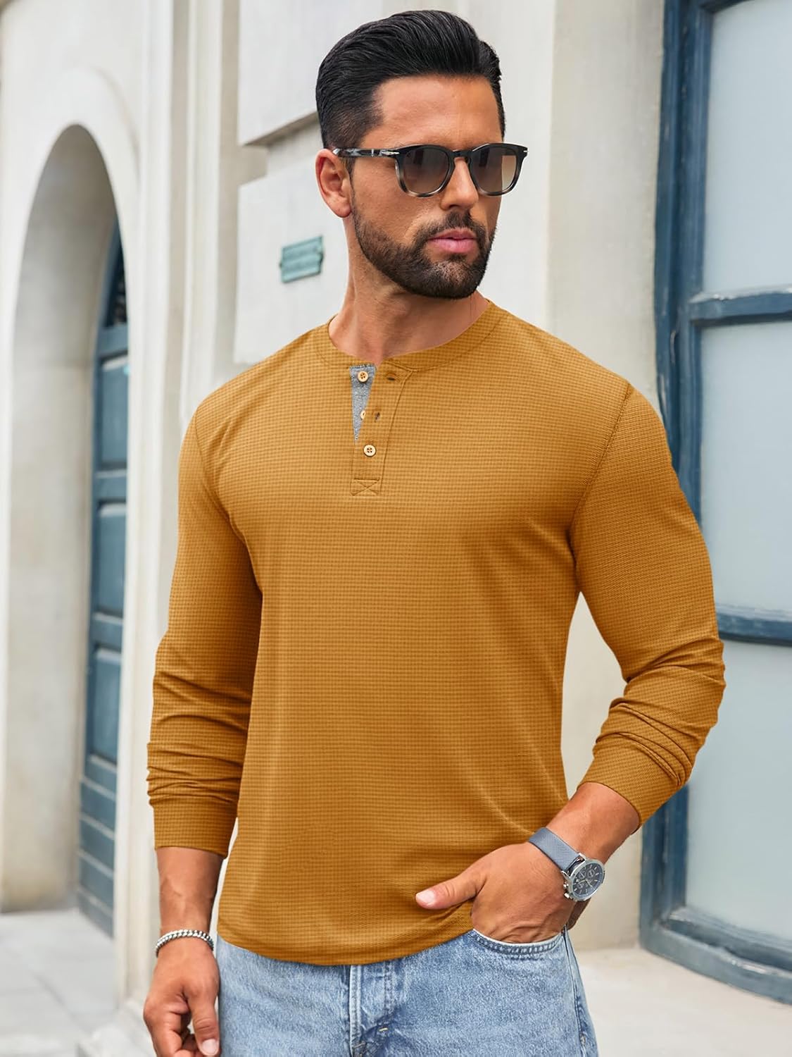 Runcati Mens Henley Long Sleeve Shirts Waffle Button Casual Basic Lightweight Tops - Image 2