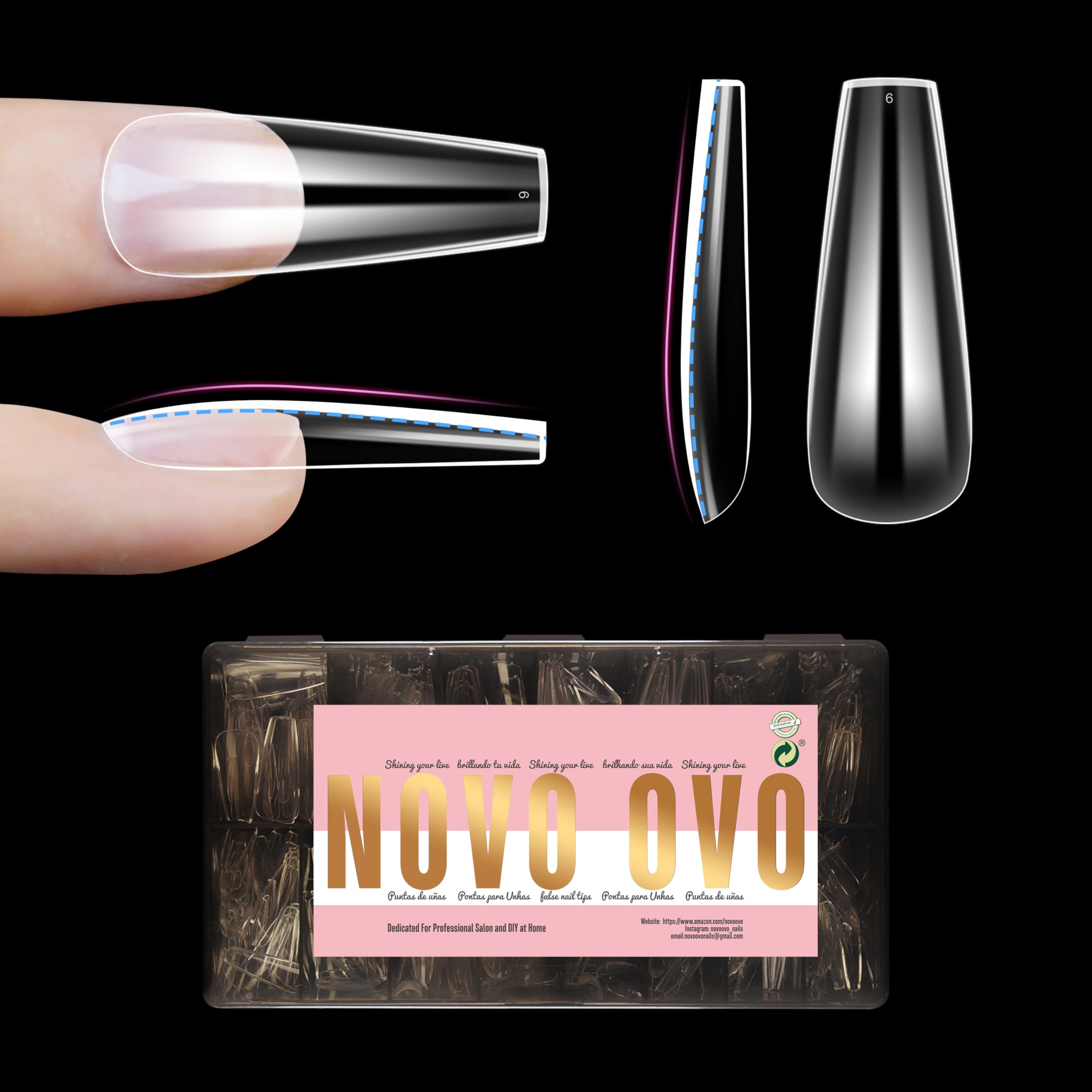NOVO OVO Long Coffin Nail Tips NATURAL (Not SCULPTED) for Flat Nail Beds, Extra Thick L Length False Nails Press on, Full Cover Soft Gel Fake Nail