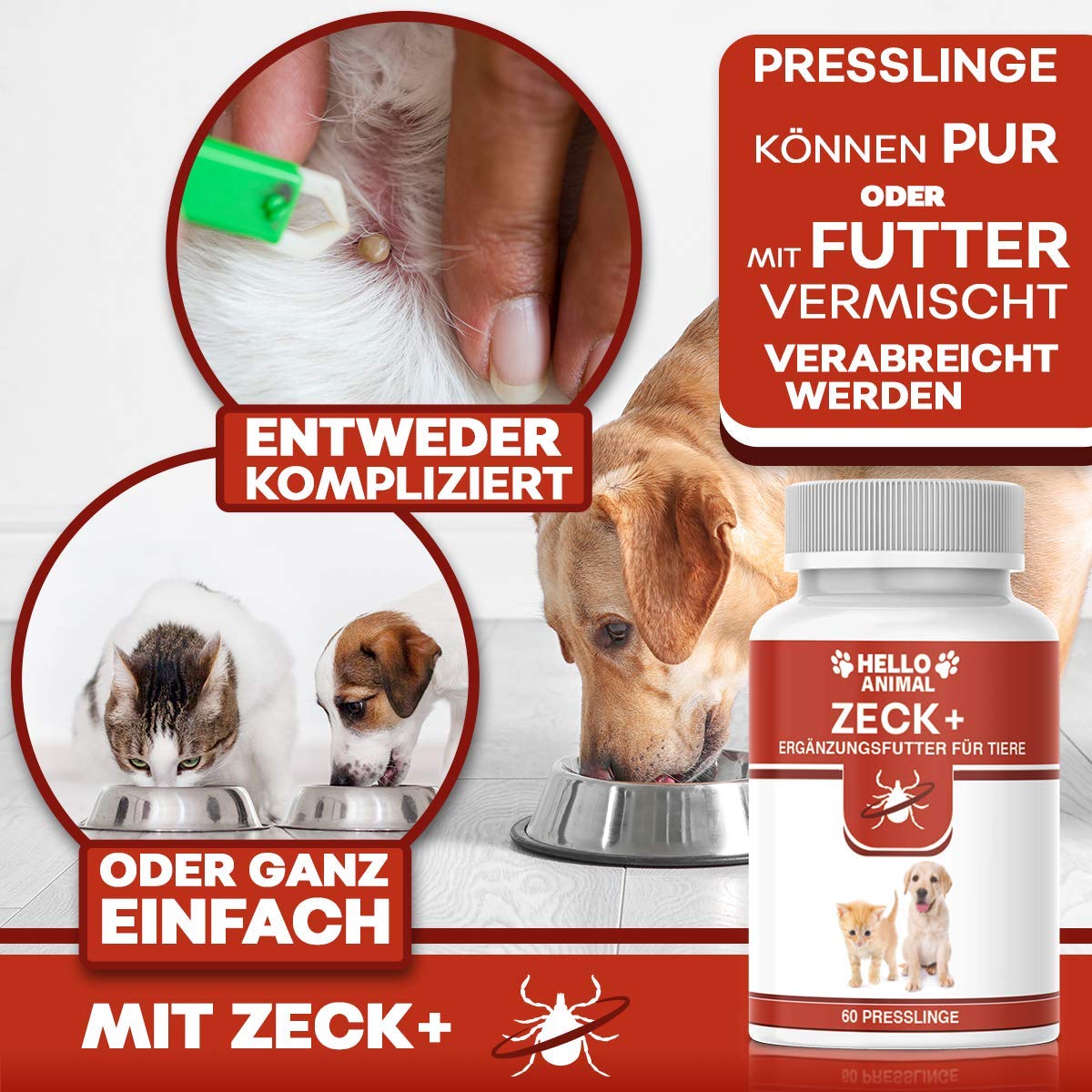Hello Animal ZECK+ Comprimés anti-tiques pour chiens et chats - Formule naturelle - Sans additifs artificiels - 60 comprimés - Additif alimentaire pour animaux